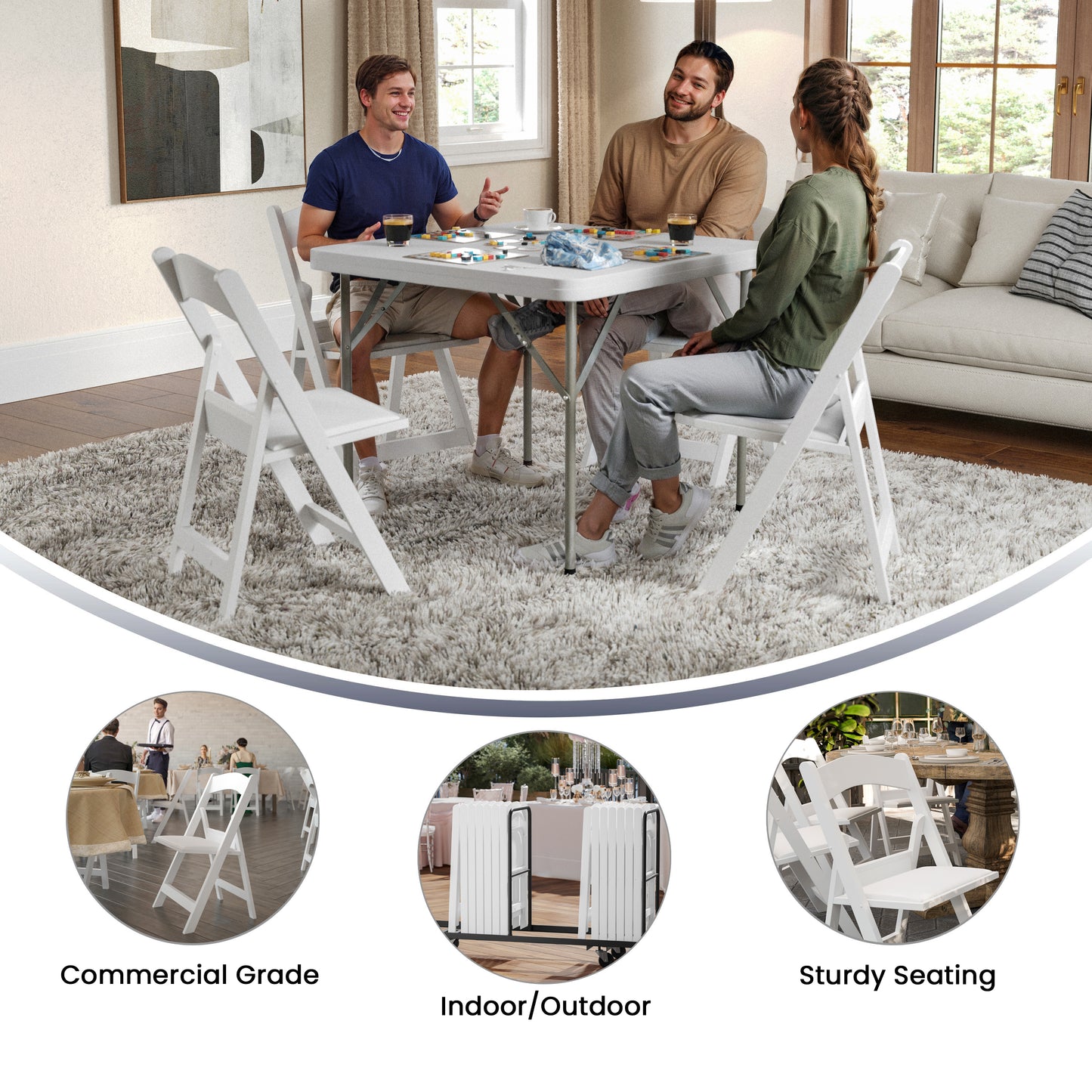 Hercules Folding Chair - White Resin - 2 Pack 800LB Weight Capacity Comfortable Event Chair - Light Weight Folding Chair White