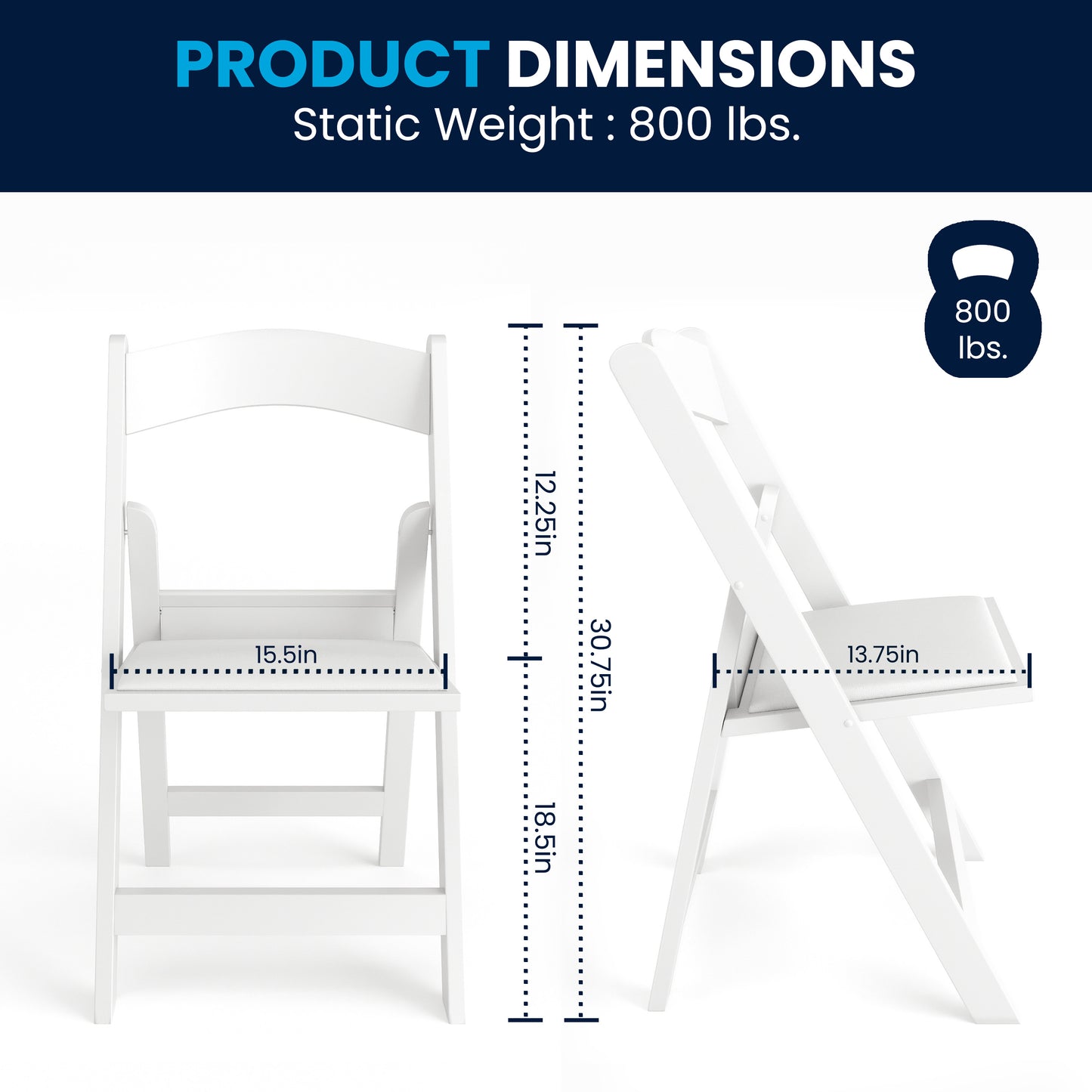 Hercules Folding Chair - White Resin - 2 Pack 800LB Weight Capacity Comfortable Event Chair - Light Weight Folding Chair White