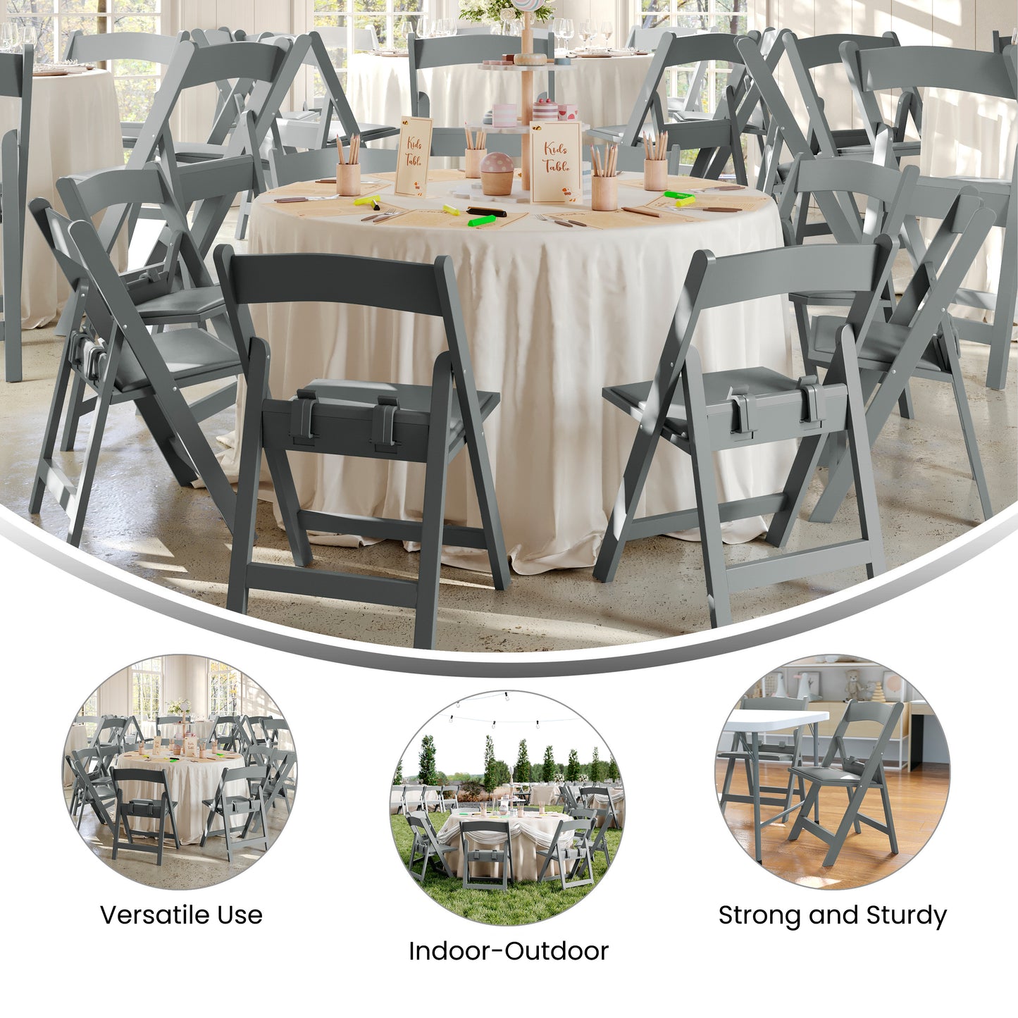 HERCULES Kids Gray Resin Folding Chair with White Gray Padded Seat Gray