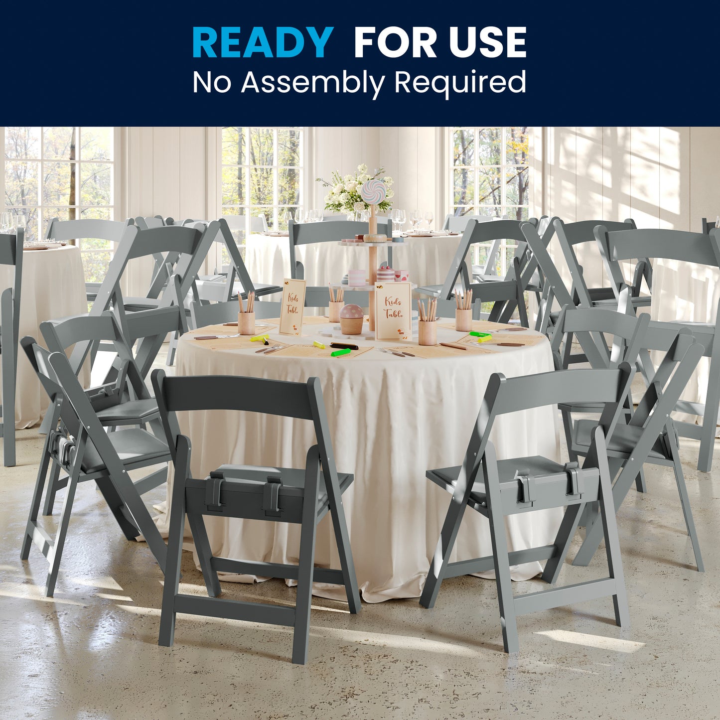 HERCULES Kids Gray Resin Folding Chair with White Gray Padded Seat Gray