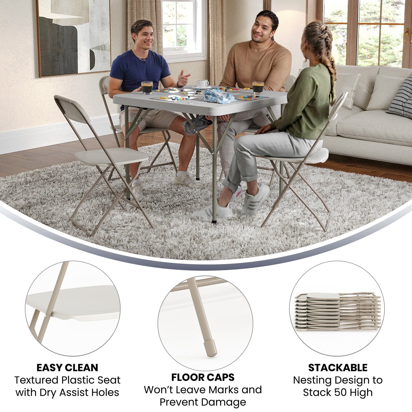 Hercules Series Plastic Folding Chair Beige - 2 Pack 650LB Weight Capacity Comfortable Event Chair-Lightweight Folding Chair Beige