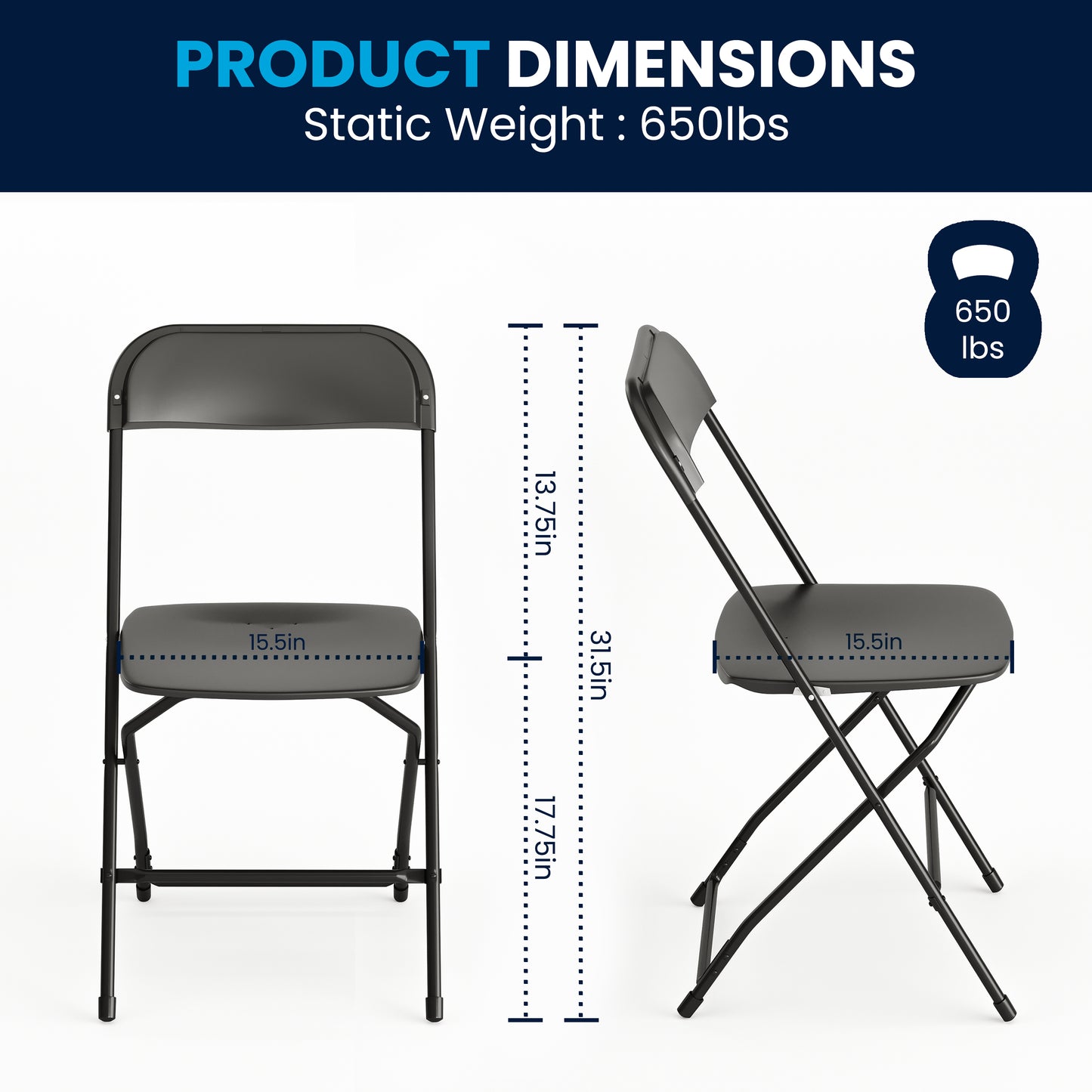 Hercules Series Plastic Folding Chair Black - 2 Pack 650LB Weight Capacity Comfortable Event Chair-Lightweight Folding Chair Black