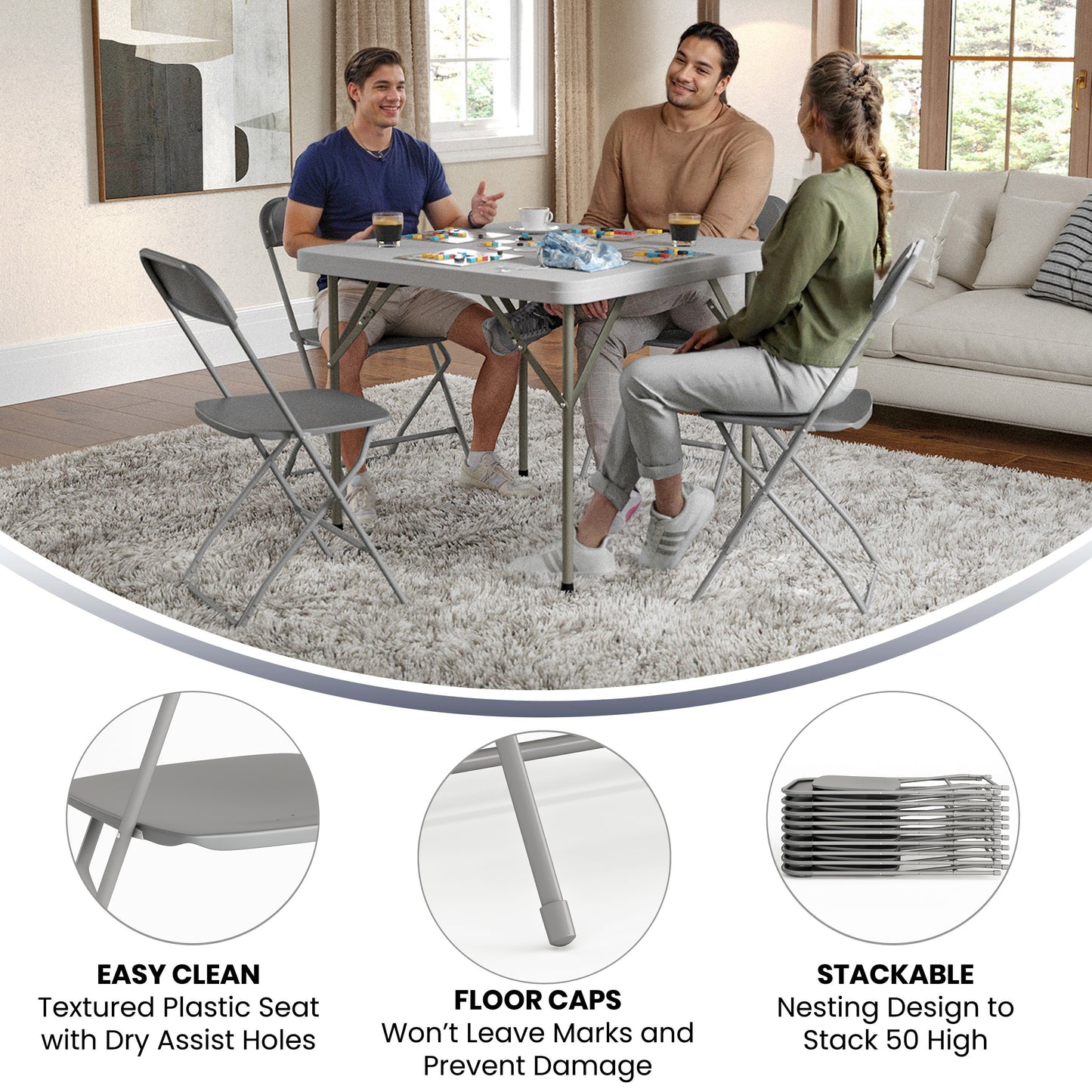 Hercules Series Plastic Folding Chair Grey - 2 Pack 650LB Weight Capacity Comfortable Event Chair-Lightweight Folding Chair Grey