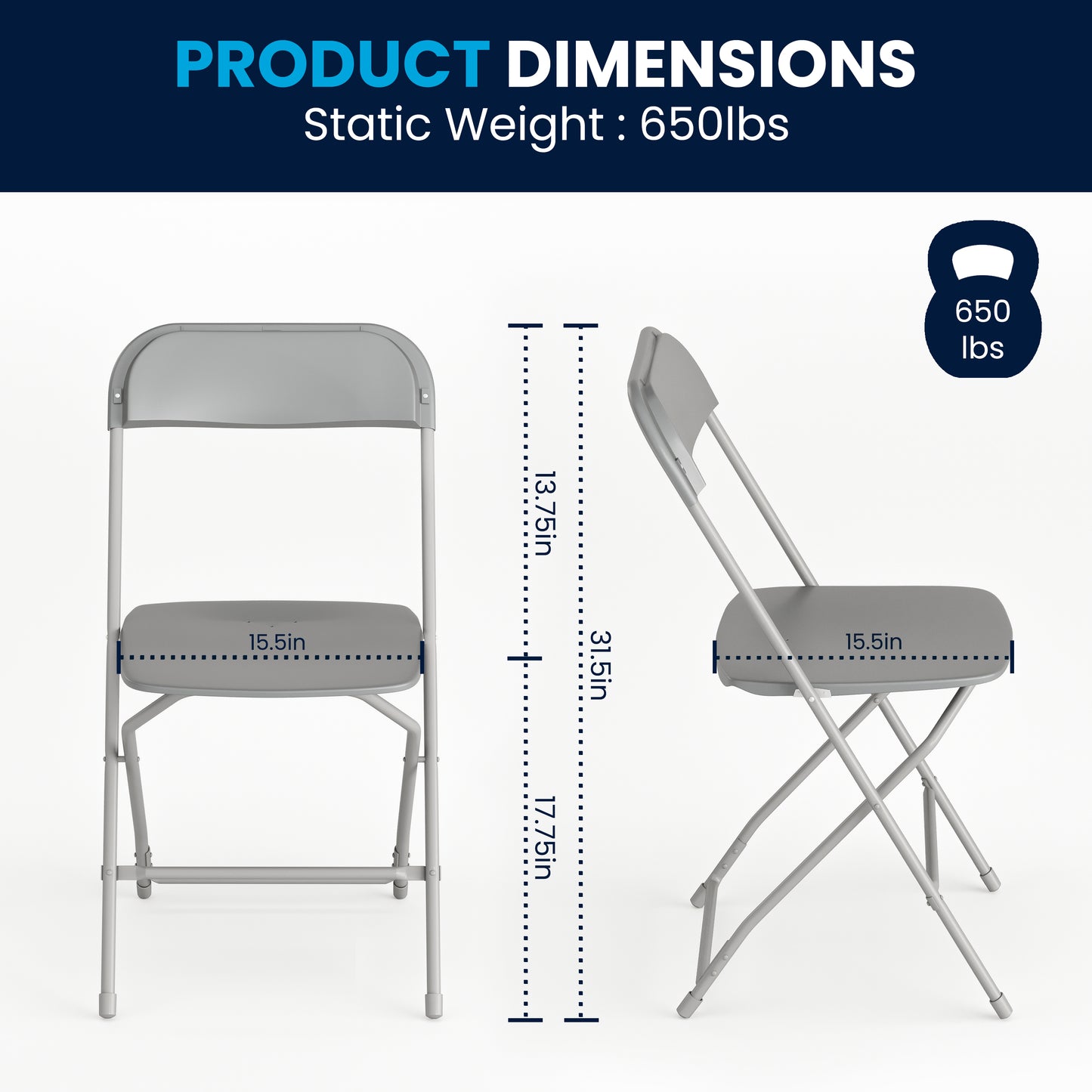 Hercules Series Plastic Folding Chair Grey - 2 Pack 650LB Weight Capacity Comfortable Event Chair-Lightweight Folding Chair Grey