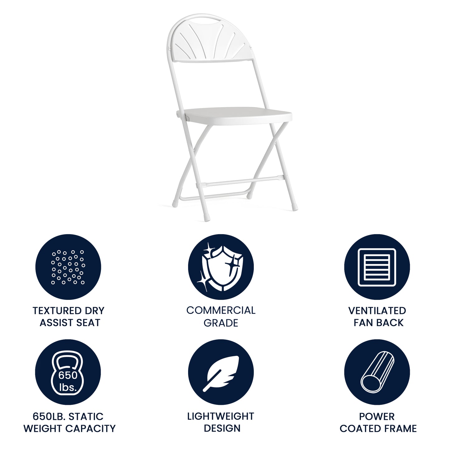 HERCULES Series 650 lb. Capacity White Plastic Fan Back Folding Chair White