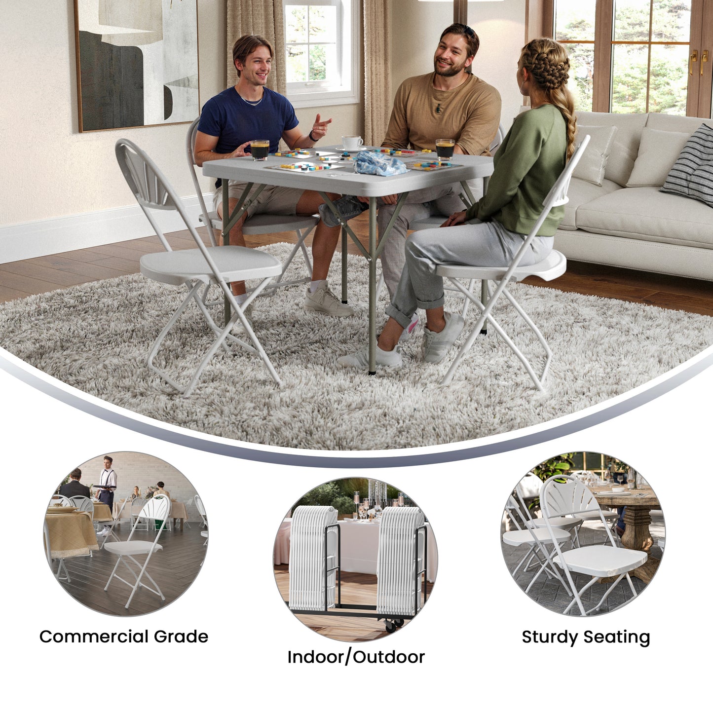 HERCULES Series 650 lb. Capacity White Plastic Fan Back Folding Chair White