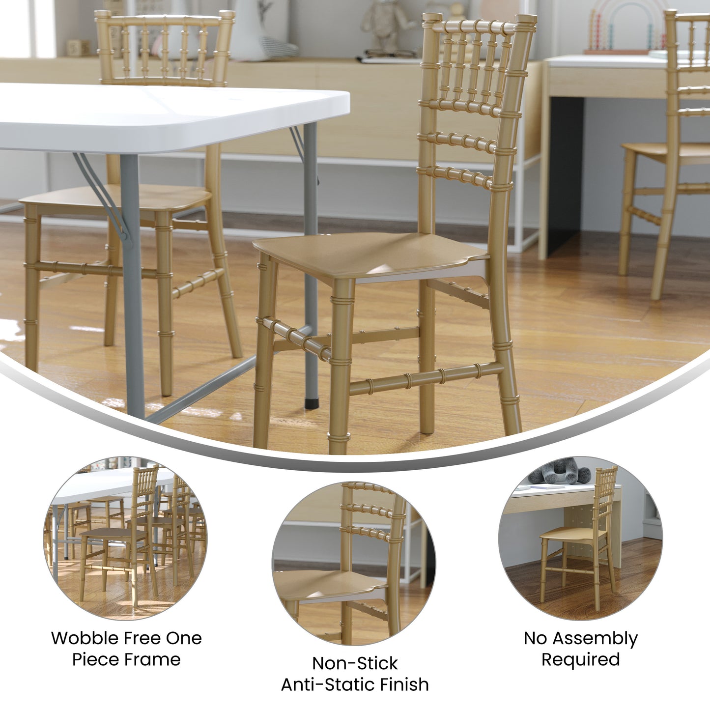 HERCULES Child Size Gold Chiavari Chair – Durable Resin Kids Chair for Weddings, Parties & Everyday Use Gold