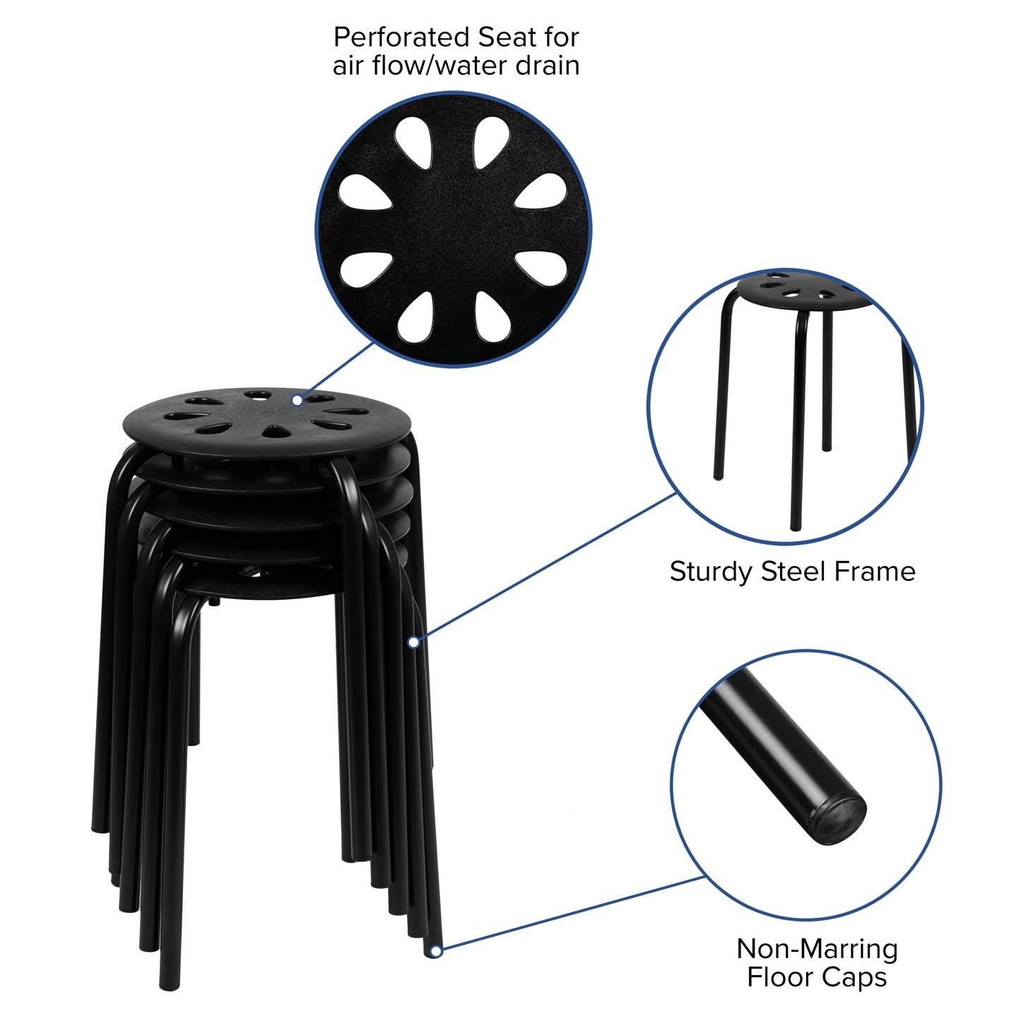 Bailey Plastic Nesting Stack Stools, 17.5"Height, Black (5 Pack) Black LE-S1-BLACK-GG