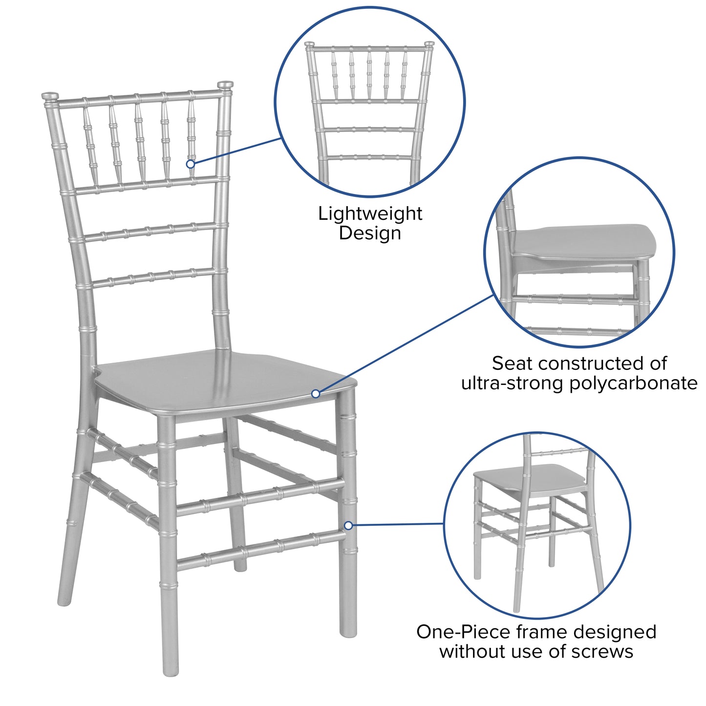 HERCULES Series Silver Resin Stacking Chiavari Chair Silver