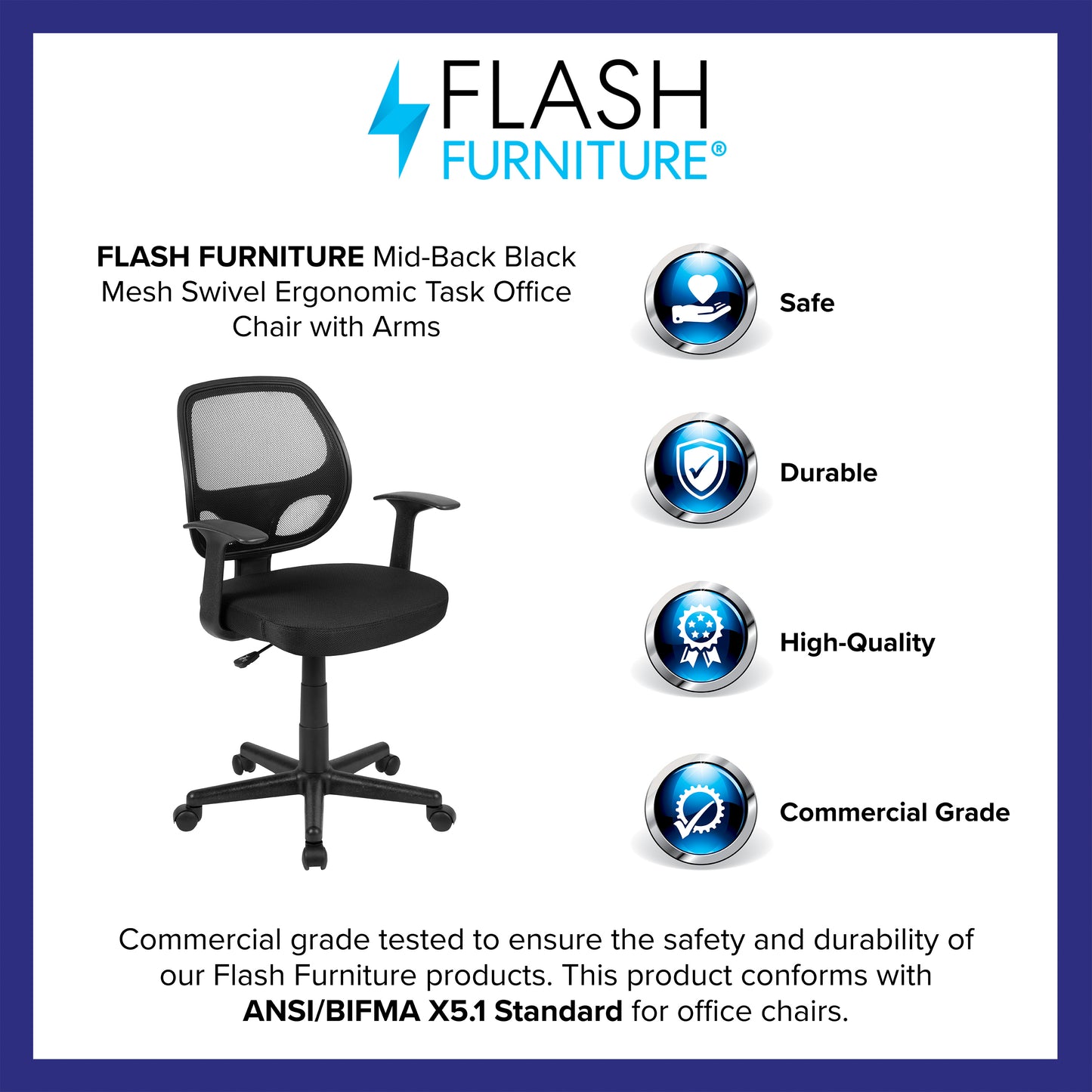 Flash Fundamentals Mid-Back Black Mesh Swivel Ergonomic Task Office Chair with Arms Black