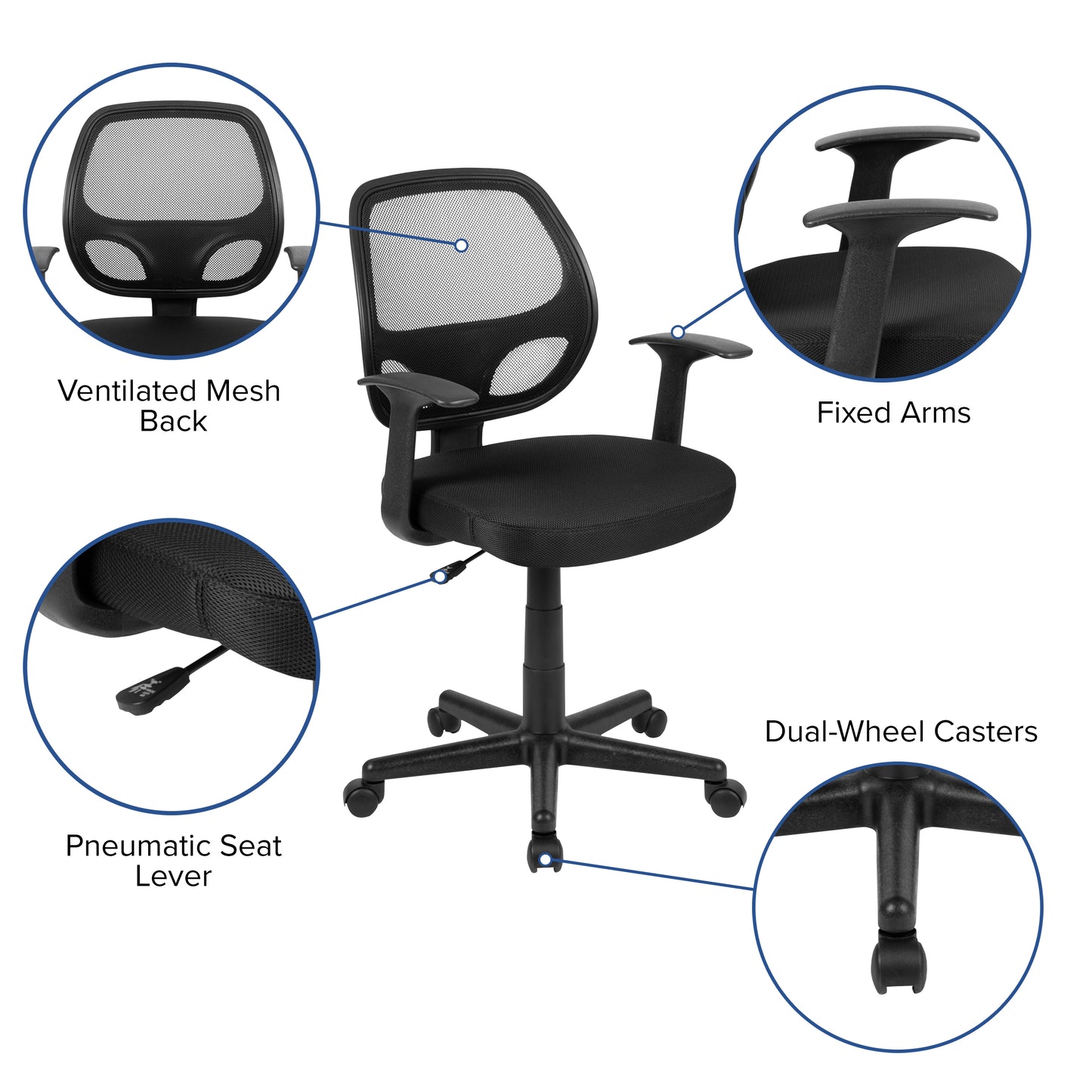 Flash Fundamentals Mid-Back Black Mesh Swivel Ergonomic Task Office Chair with Arms Black