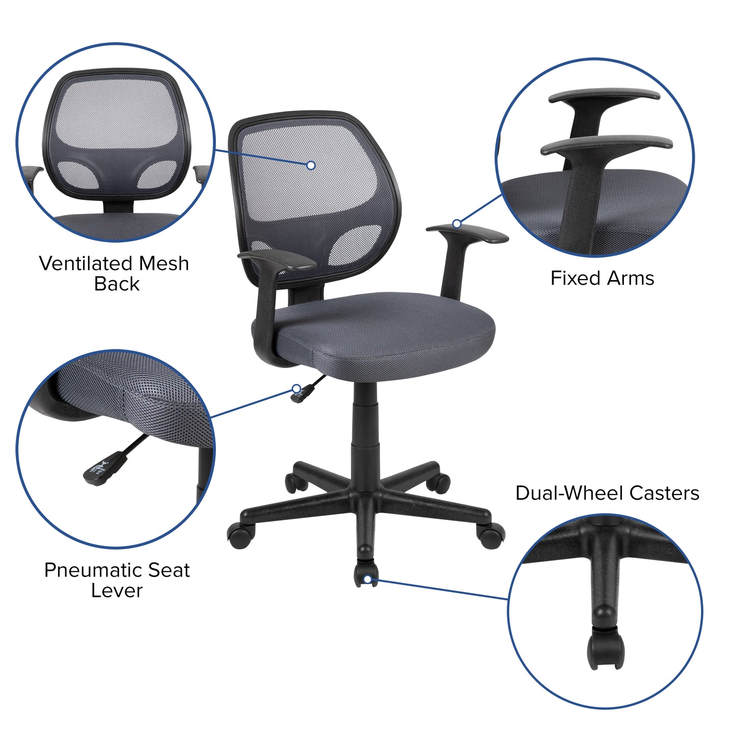 Flash Fundamentals Mid-Back Gray Mesh Swivel Ergonomic Task Office Chair with Arms Gray