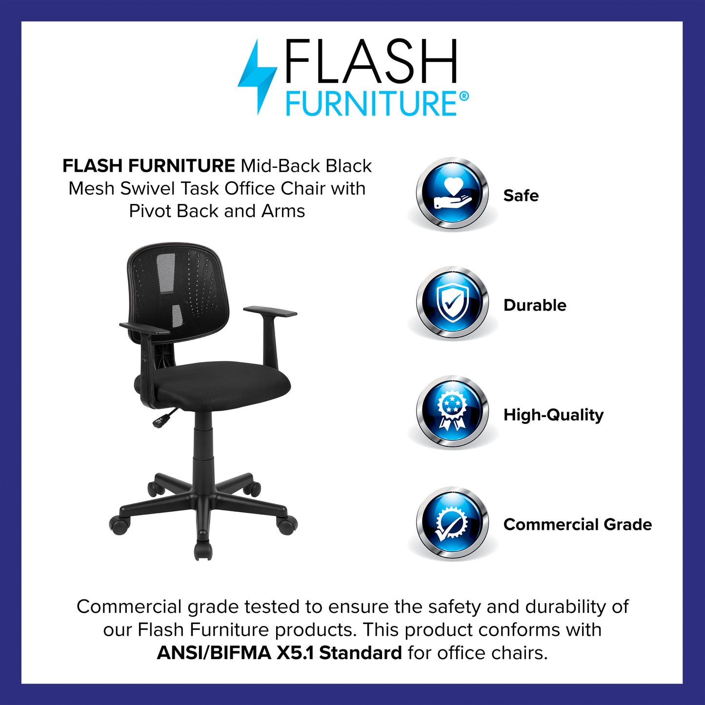 Flash Fundamentals Mid-Back Black Mesh Swivel Task Office Chair with Pivot Back and Arms Black