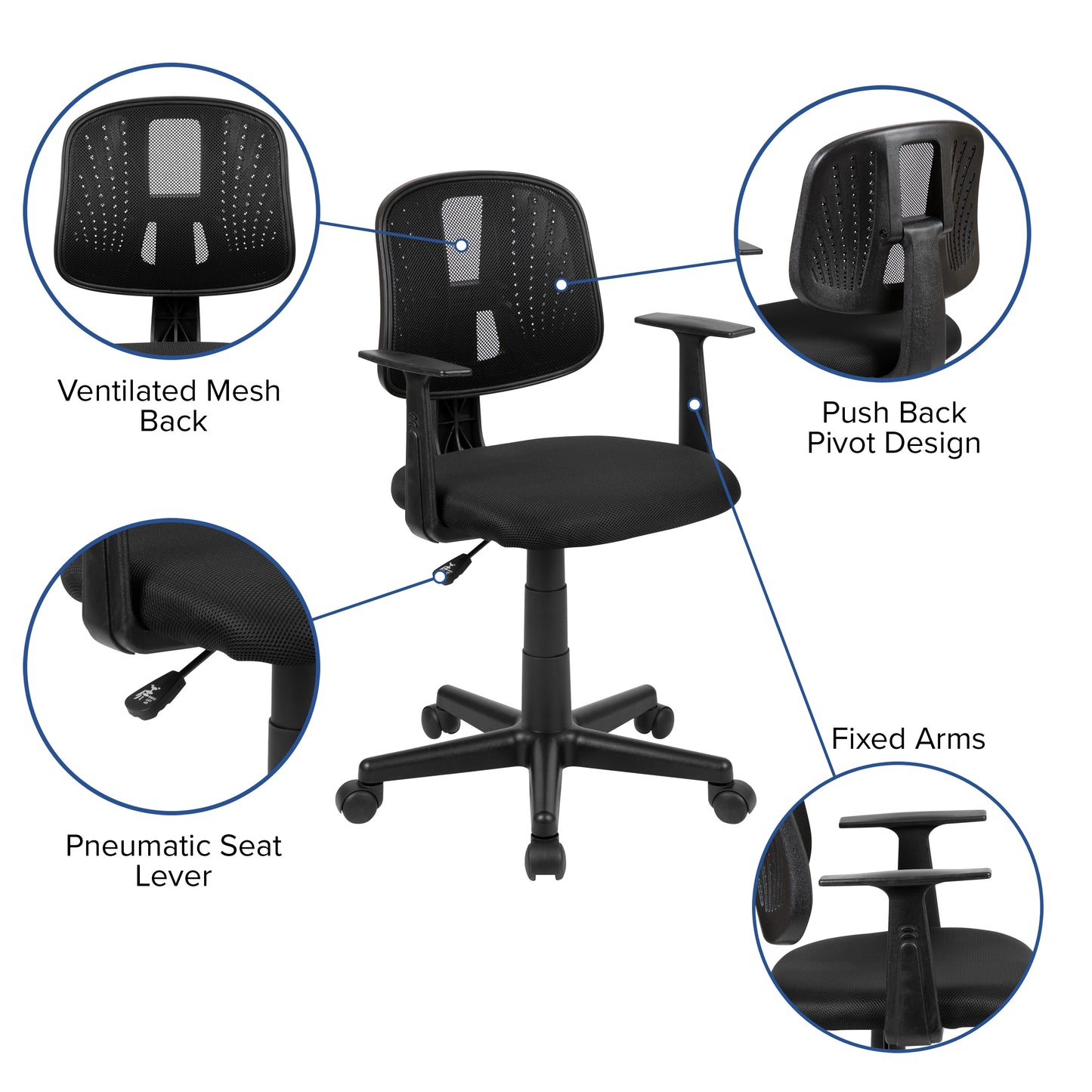 Flash Fundamentals Mid-Back Black Mesh Swivel Task Office Chair with Pivot Back and Arms Black
