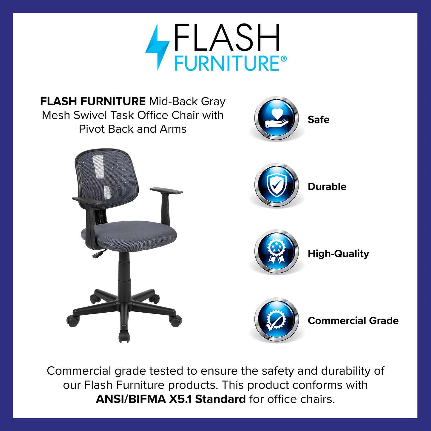 Flash Fundamentals Mid-Back Gray Mesh Swivel Task Office Chair with Pivot Back and Arms Gray