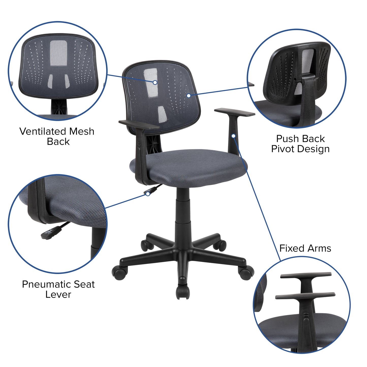 Flash Fundamentals Mid-Back Gray Mesh Swivel Task Office Chair with Pivot Back and Arms Gray