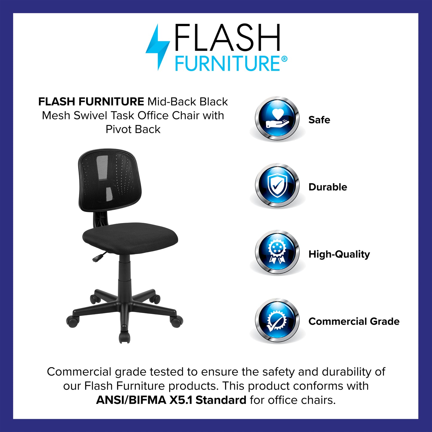 Flash Fundamentals Mid-Back Black Mesh Swivel Task Office Chair with Pivot Back Black