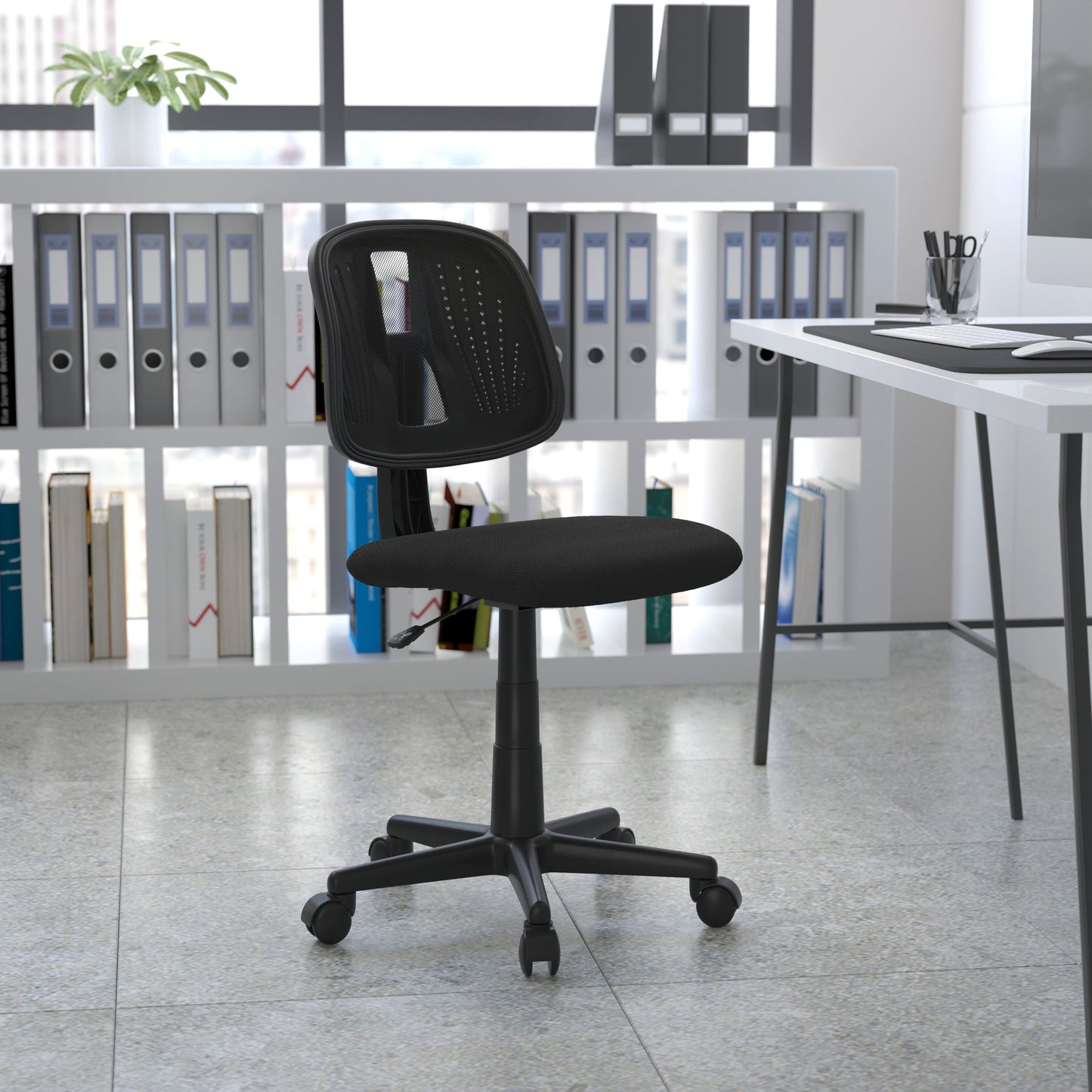 Flash Fundamentals Mid-Back Black Mesh Swivel Task Office Chair with Pivot Back Black