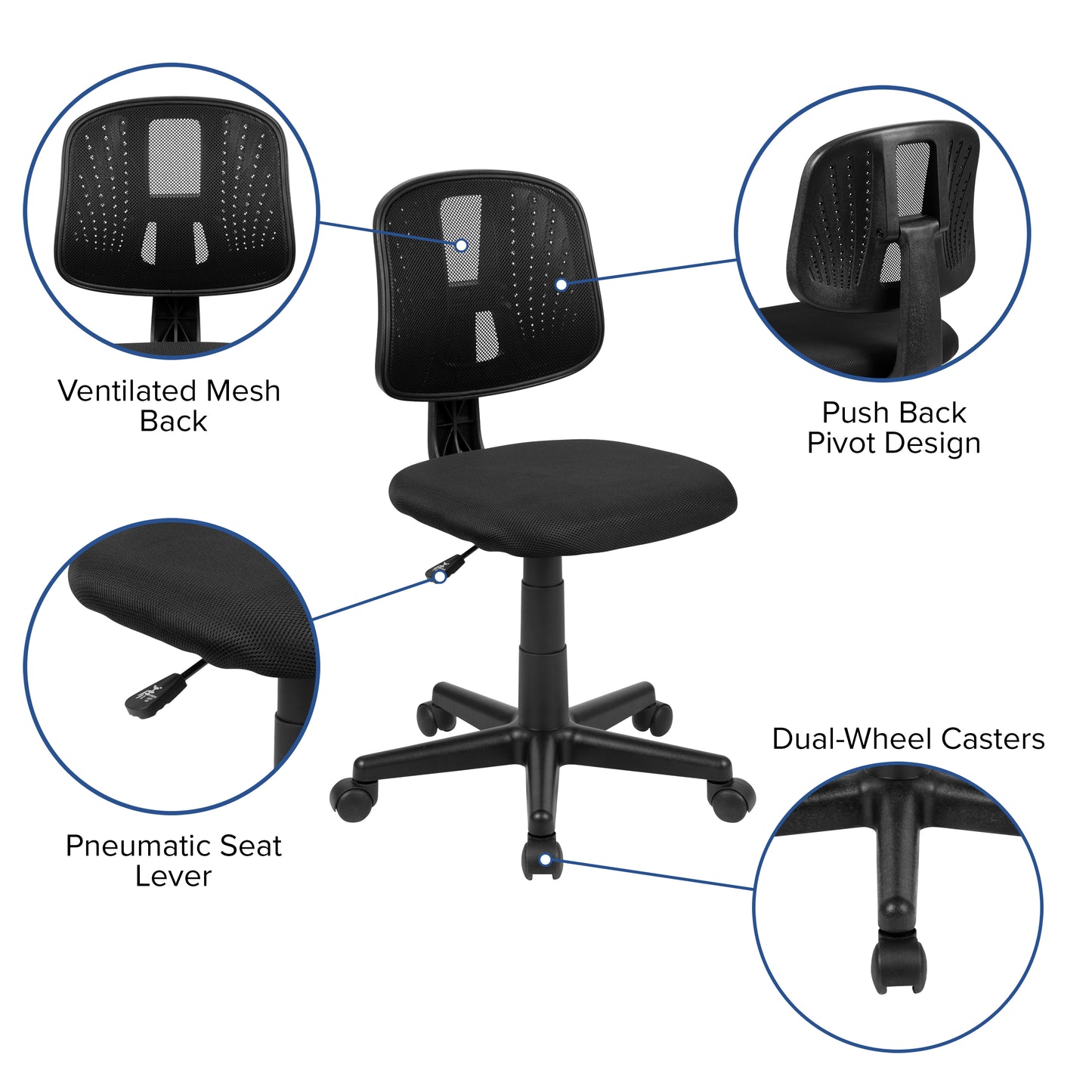 Flash Fundamentals Mid-Back Black Mesh Swivel Task Office Chair with Pivot Back Black