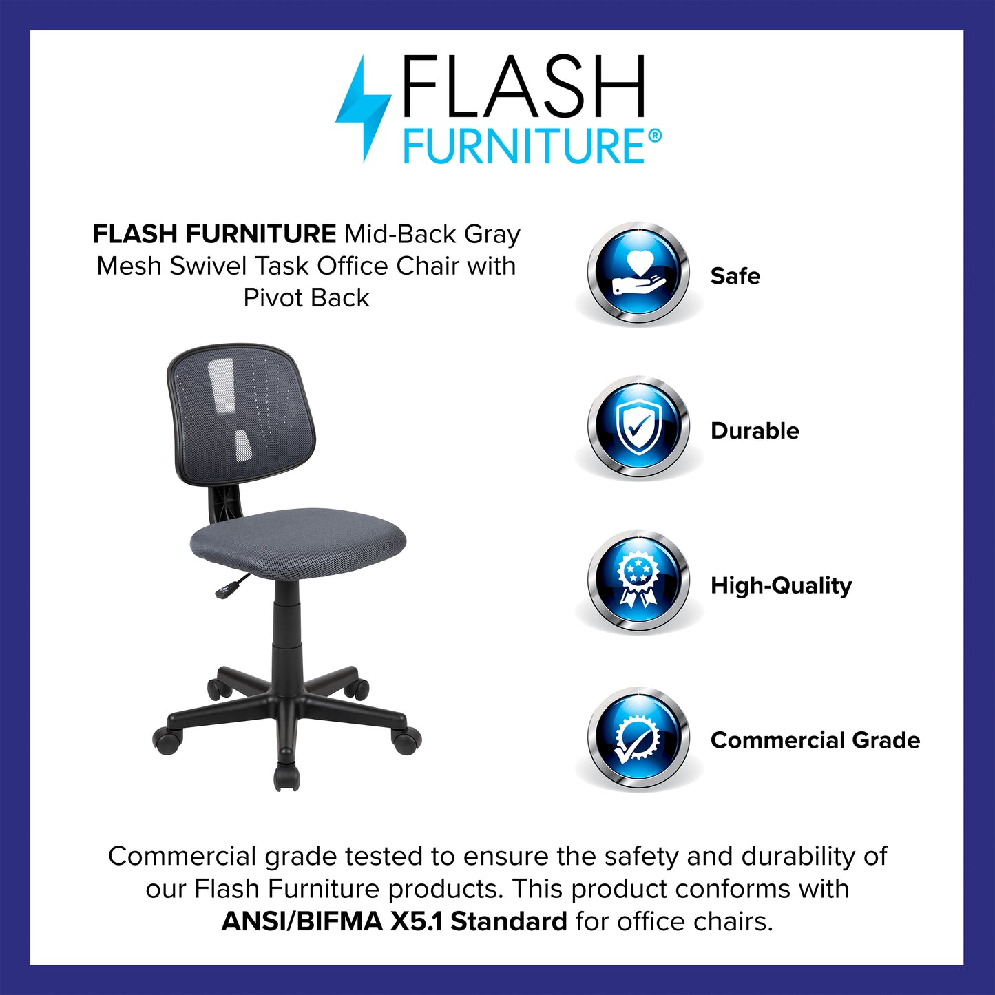 Flash Fundamentals Mid-Back Gray Mesh Swivel Task Office Chair with Pivot Back Gray