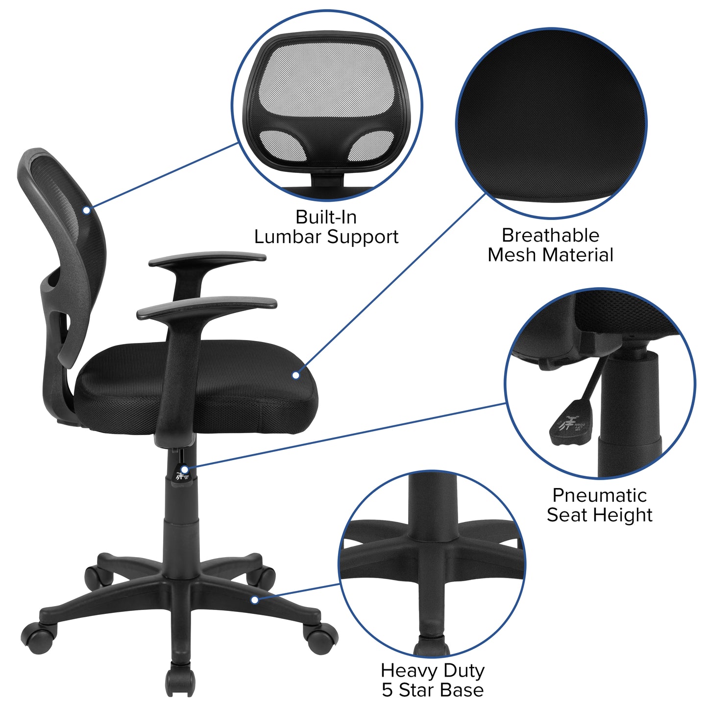 Mallard Mid-Back Black Mesh Swivel Ergonomic Task Office Chair with T-Arms - Desk Chair Black