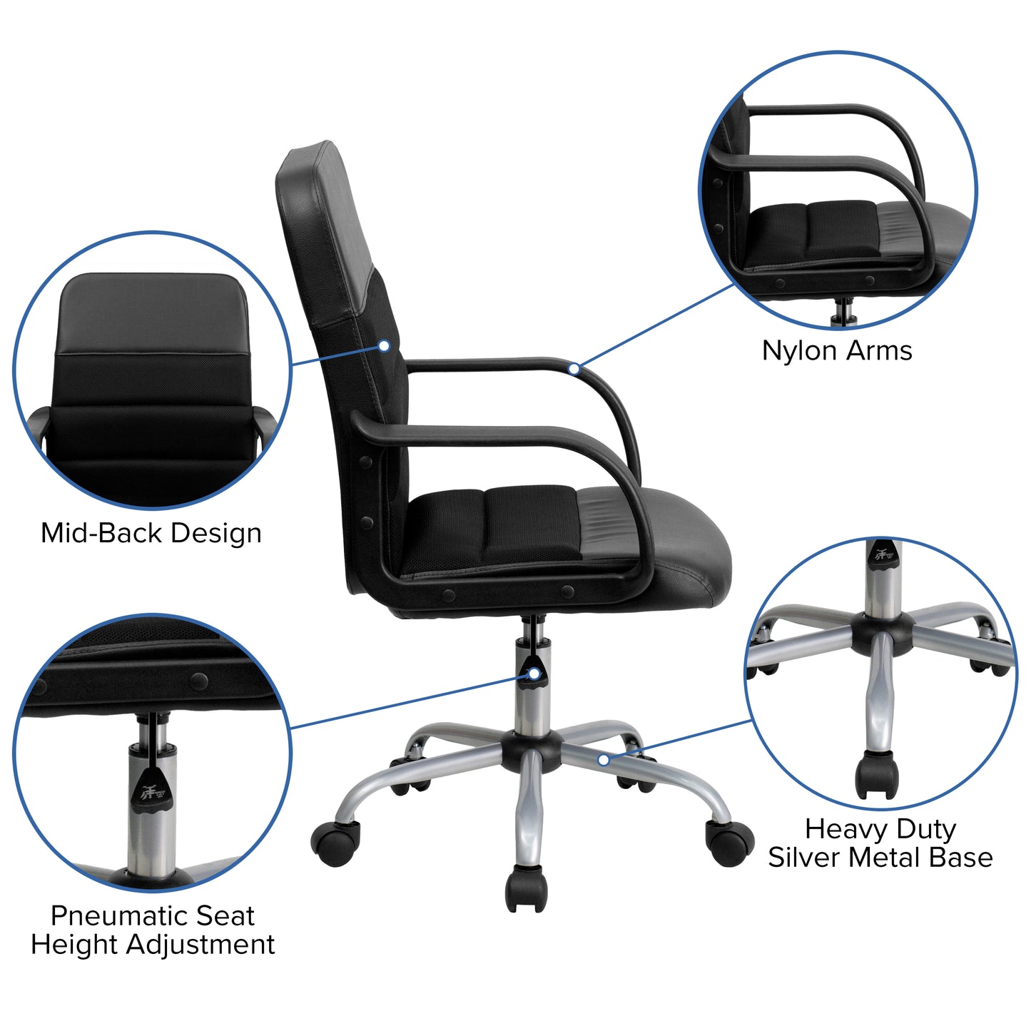 Manor Mid-Back Black LeatherSoft and Mesh Swivel Task Office Chair with Arms Black