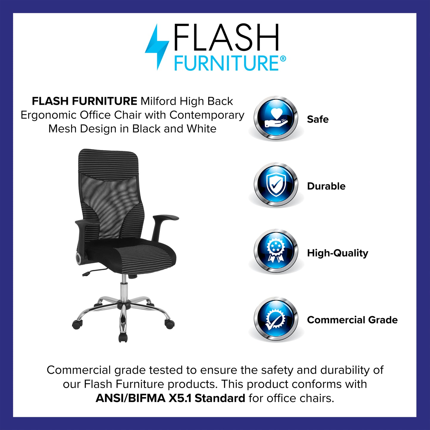 Milford High Back Ergonomic Office Chair with Contemporary Mesh Design in Black and White Black and White