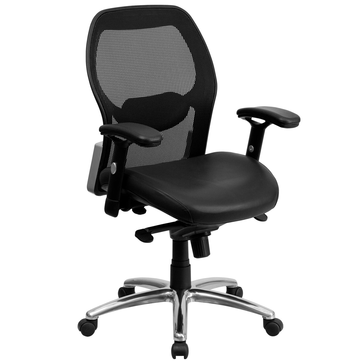 Albert Mid-Back Black Super Mesh Executive Swivel Office Chair with LeatherSoft Seat, Knee Tilt Control and Adjustable Lumbar & Arms Black Mesh & LeatherSoft