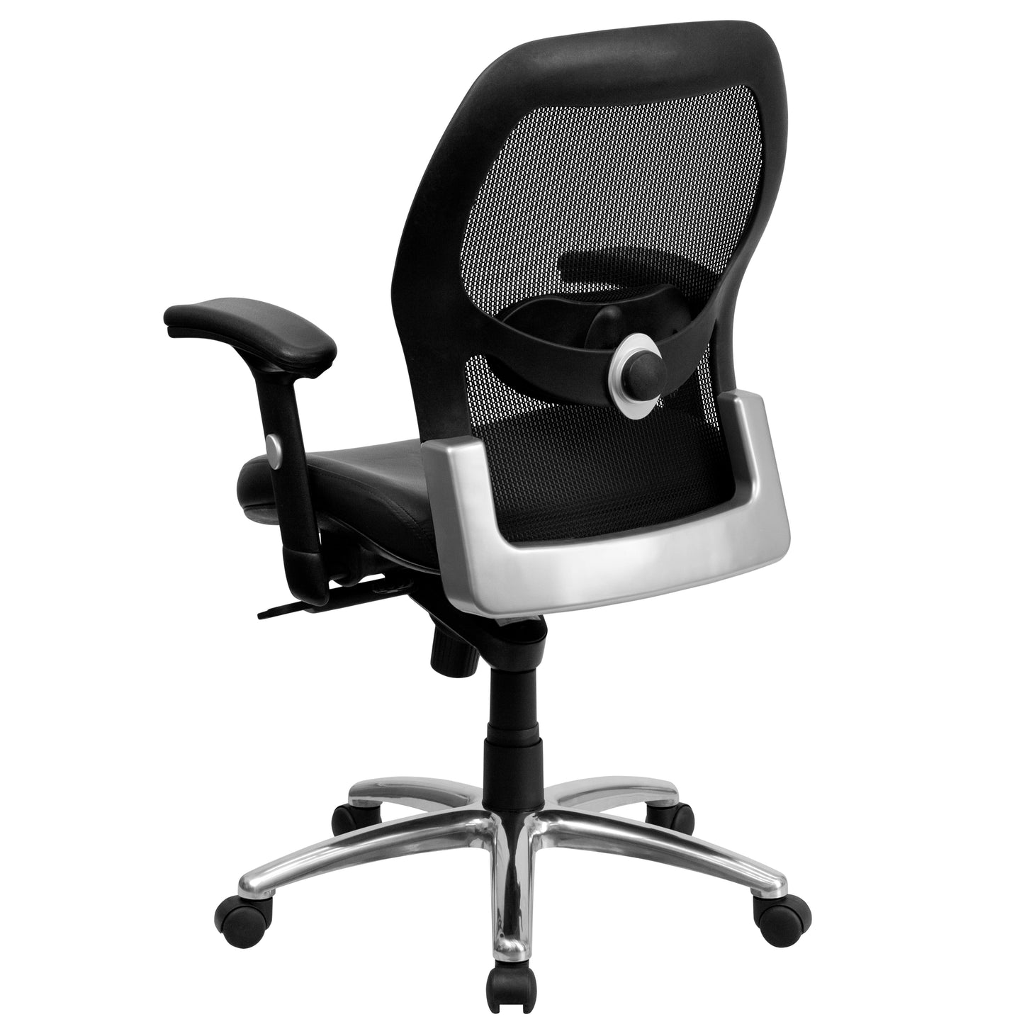 Albert Mid-Back Black Super Mesh Executive Swivel Office Chair with LeatherSoft Seat, Knee Tilt Control and Adjustable Lumbar & Arms Black Mesh & LeatherSoft