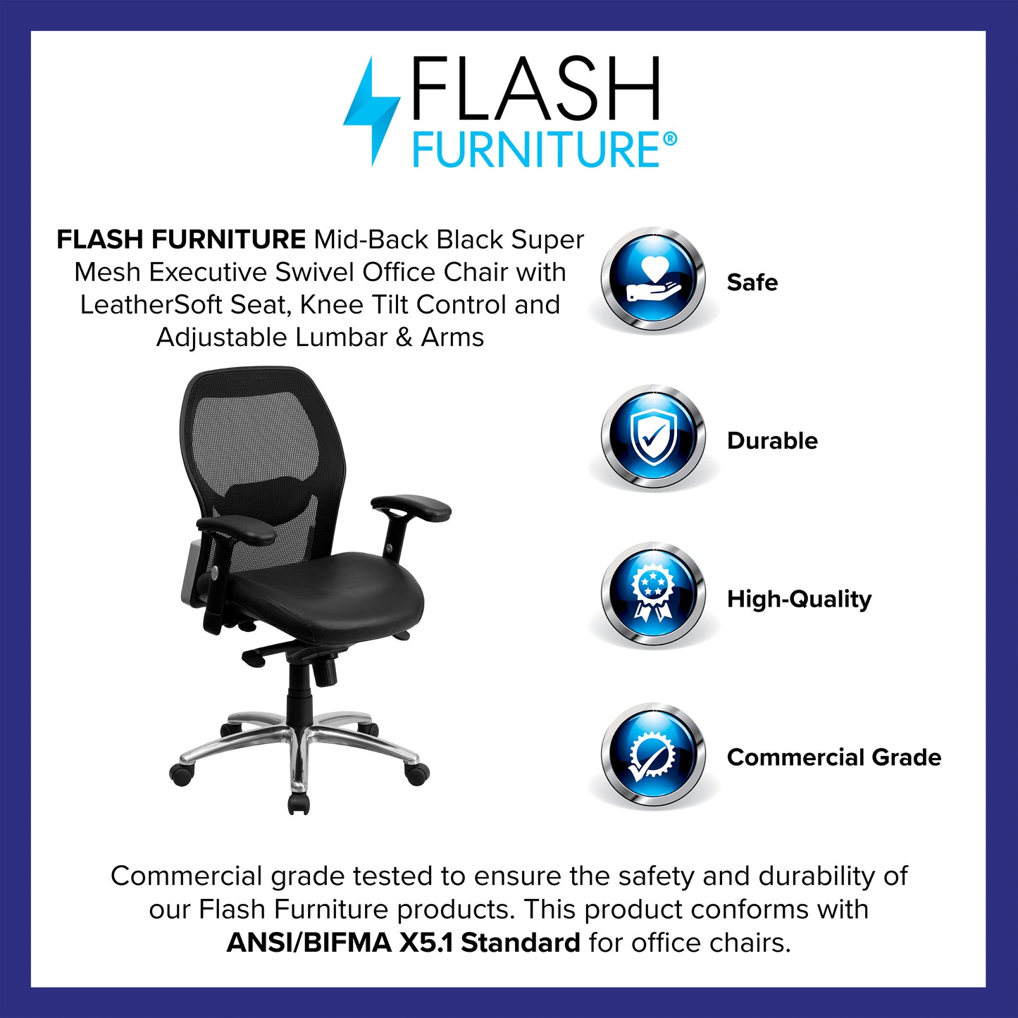 Albert Mid-Back Black Super Mesh Executive Swivel Office Chair with LeatherSoft Seat, Knee Tilt Control and Adjustable Lumbar & Arms Black Mesh & LeatherSoft