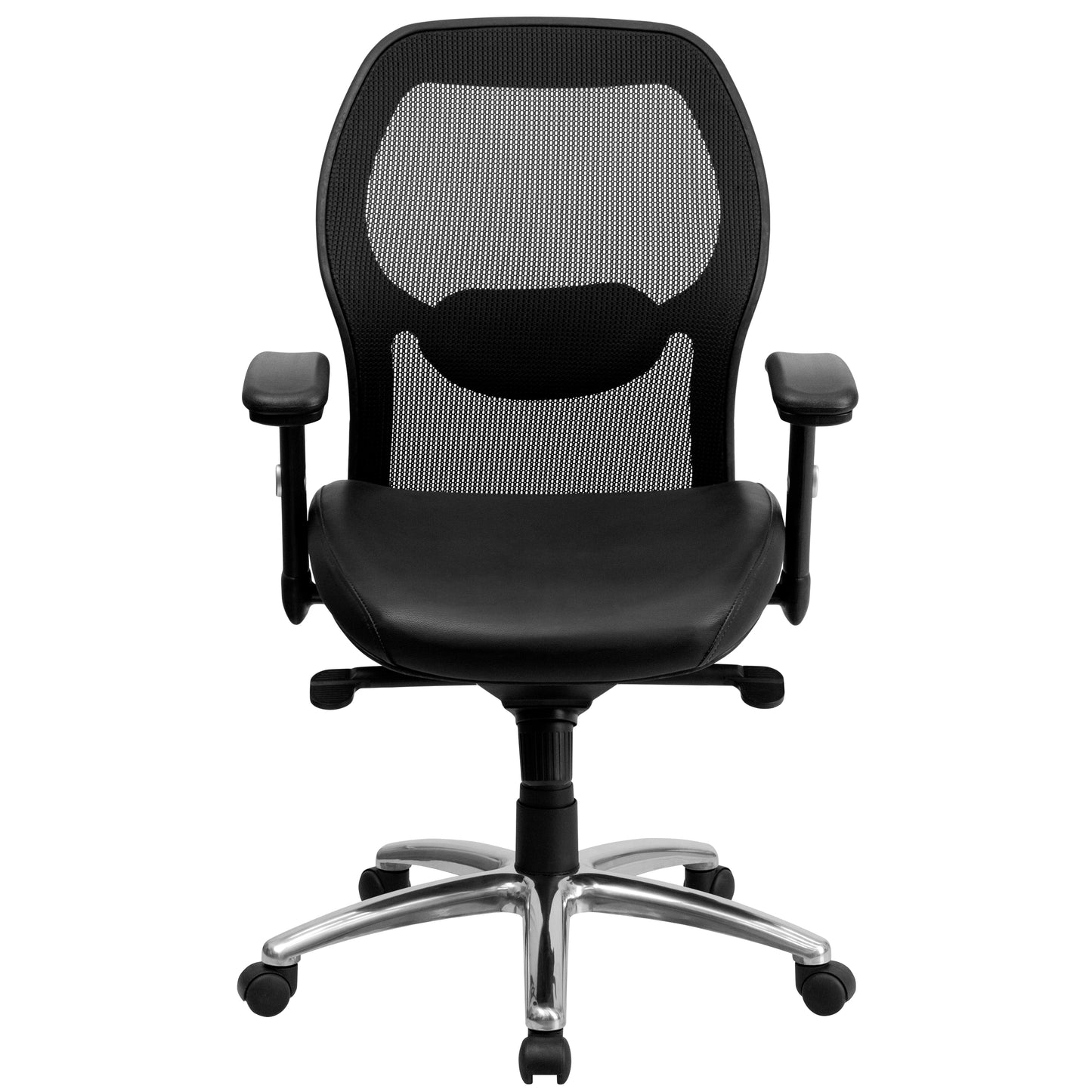 Albert Mid-Back Black Super Mesh Executive Swivel Office Chair with LeatherSoft Seat, Knee Tilt Control and Adjustable Lumbar & Arms Black Mesh & LeatherSoft