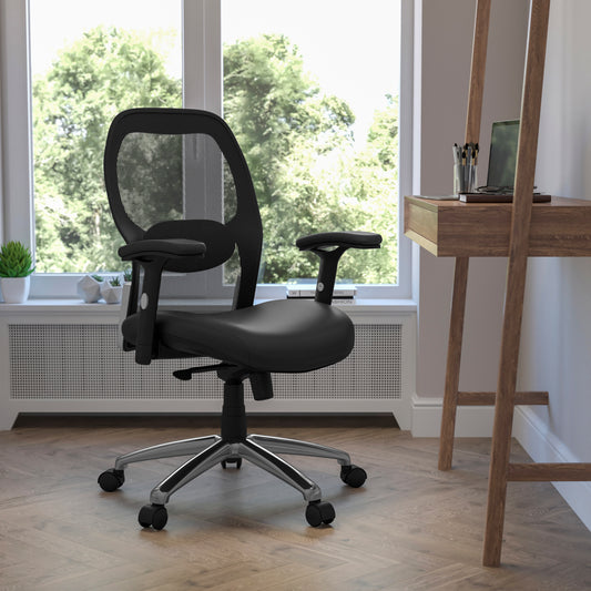 Albert Mid-Back Black Super Mesh Executive Swivel Office Chair with LeatherSoft Seat, Knee Tilt Control and Adjustable Lumbar & Arms Black Mesh & LeatherSoft LF-W42-L-GG