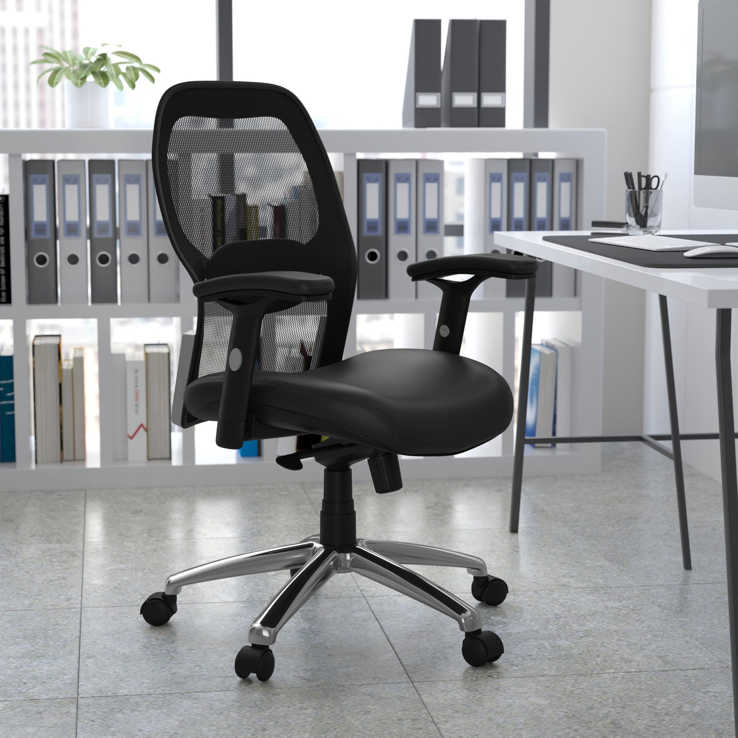 Albert Mid-Back Black Super Mesh Executive Swivel Office Chair with LeatherSoft Seat, Knee Tilt Control and Adjustable Lumbar & Arms Black Mesh & LeatherSoft
