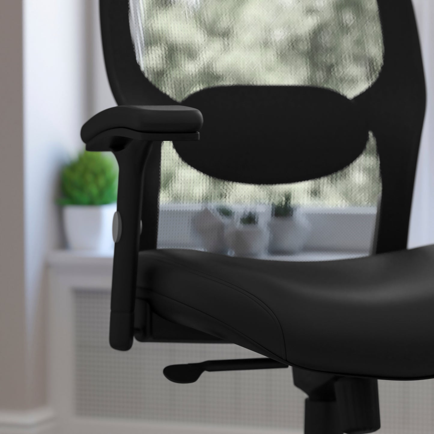 Albert Mid-Back Black Super Mesh Executive Swivel Office Chair with LeatherSoft Seat, Knee Tilt Control and Adjustable Lumbar & Arms Black Mesh & LeatherSoft