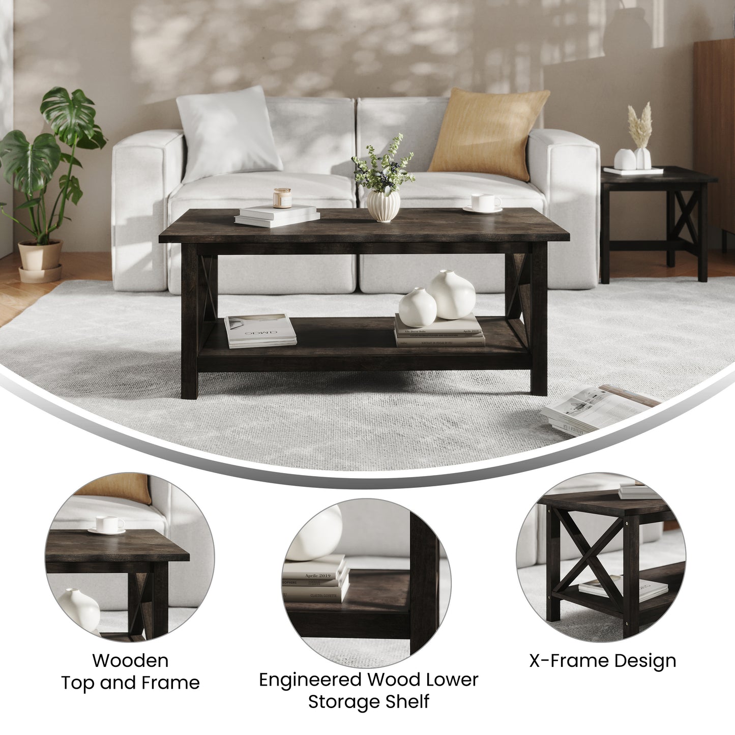 Jasper Farmhouse Style Solid Wood Coffee Table with Traditional X-Frame Design and Lower Shelf in Dark Gray Dark Gray