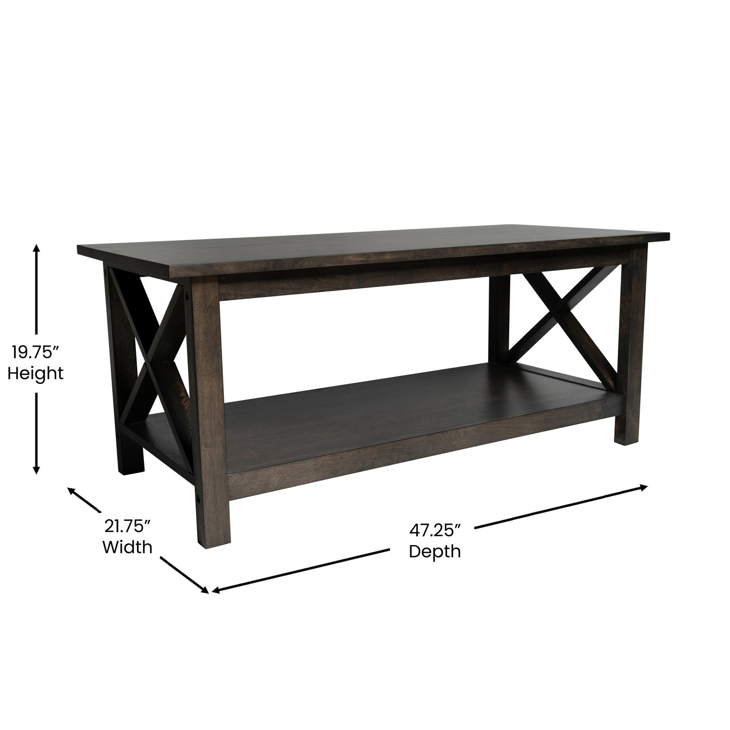 Jasper Farmhouse Style Solid Wood Coffee Table with Traditional X-Frame Design and Lower Shelf in Dark Gray Dark Gray
