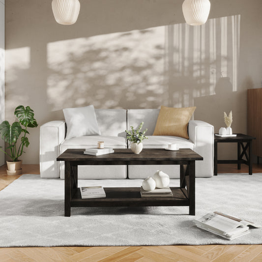 Jasper Farmhouse Style Solid Wood Coffee Table with Traditional X-Frame Design and Lower Shelf in Dark Gray Dark Gray