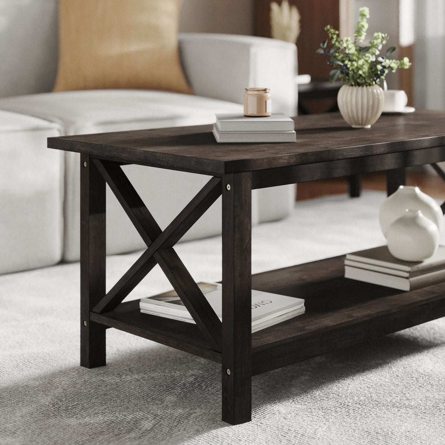 Jasper Farmhouse Style Solid Wood Coffee Table with Traditional X-Frame Design and Lower Shelf in Dark Gray Dark Gray