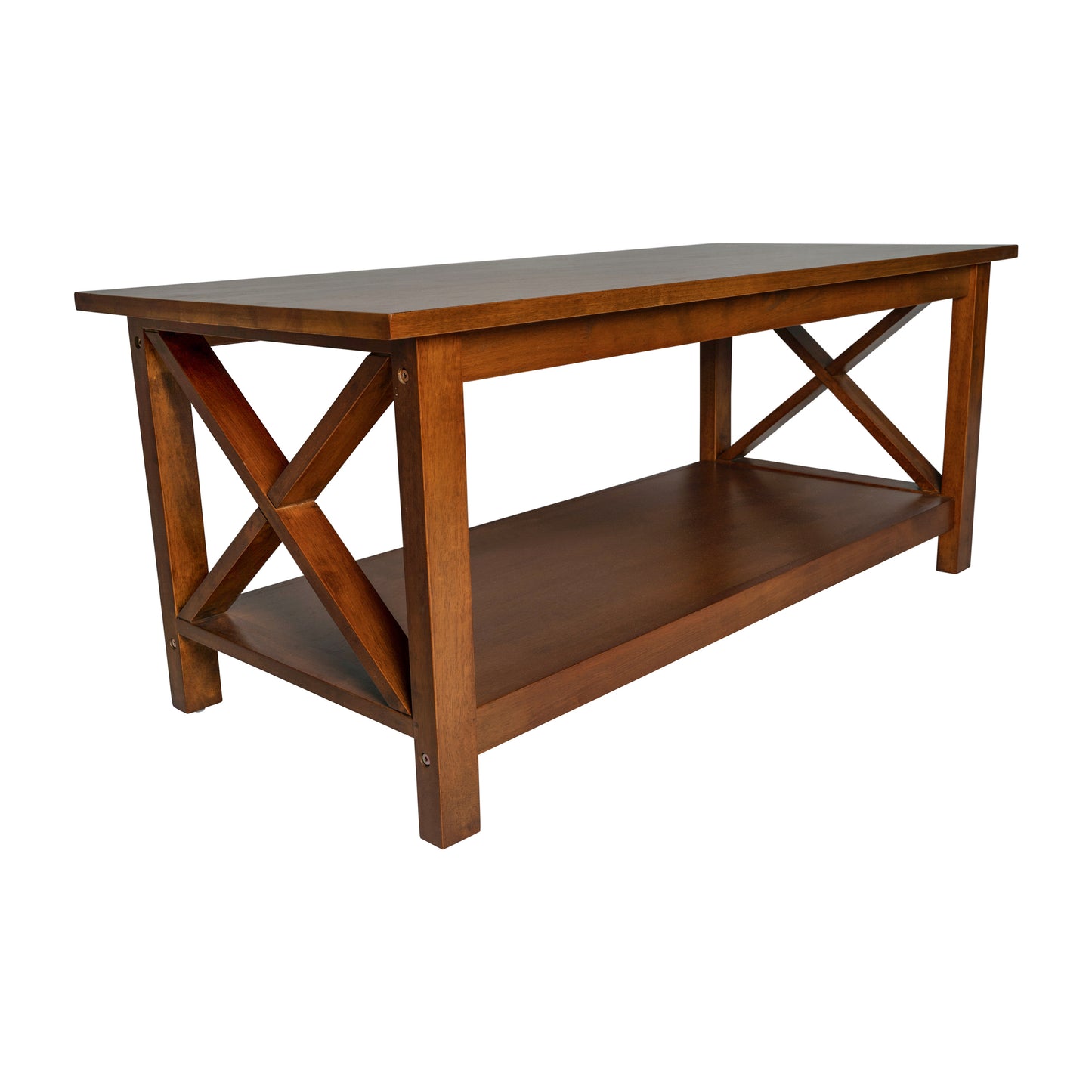 Jasper Farmhouse Style Solid Wood Coffee Table with Traditional X-Frame Design and Lower Shelf in Walnut Walnut