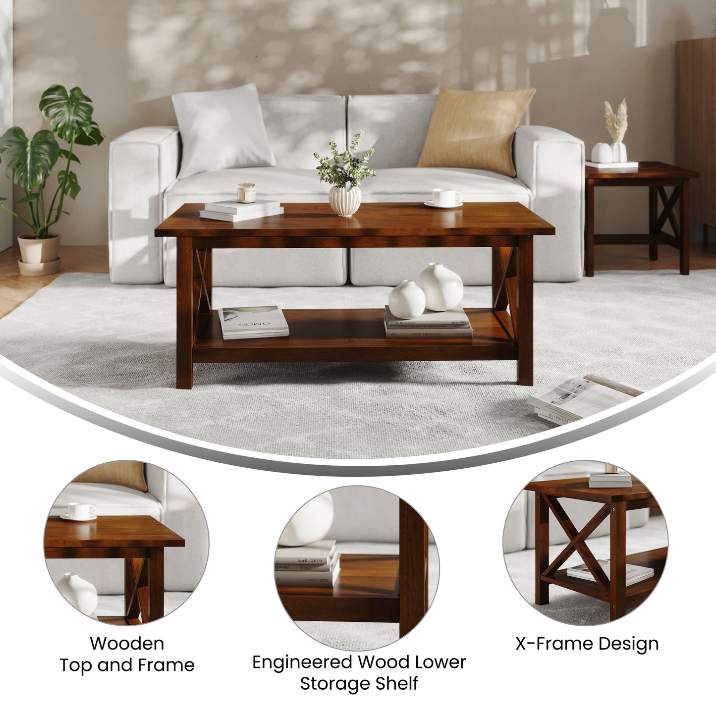 Jasper Farmhouse Style Solid Wood Coffee Table with Traditional X-Frame Design and Lower Shelf in Walnut Walnut