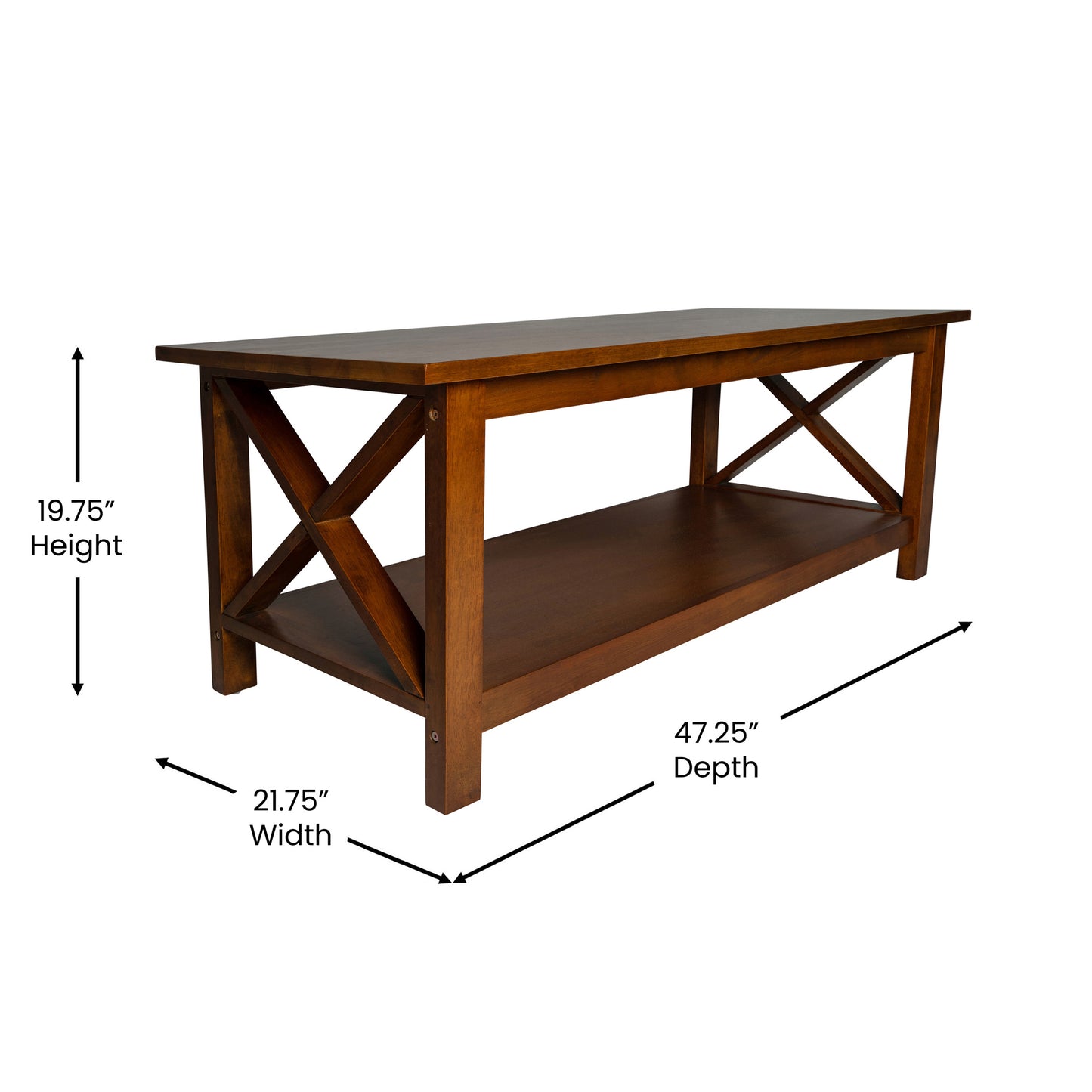 Jasper Farmhouse Style Solid Wood Coffee Table with Traditional X-Frame Design and Lower Shelf in Walnut Walnut