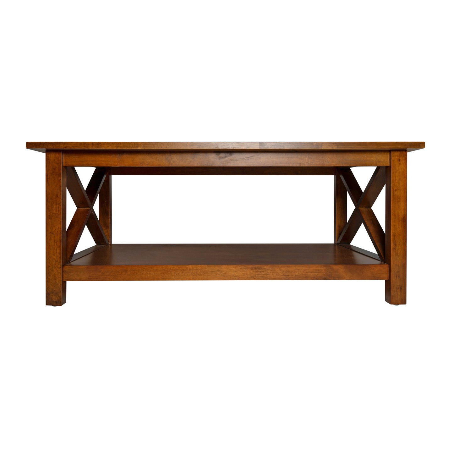 Jasper Farmhouse Style Solid Wood Coffee Table with Traditional X-Frame Design and Lower Shelf in Walnut Walnut
