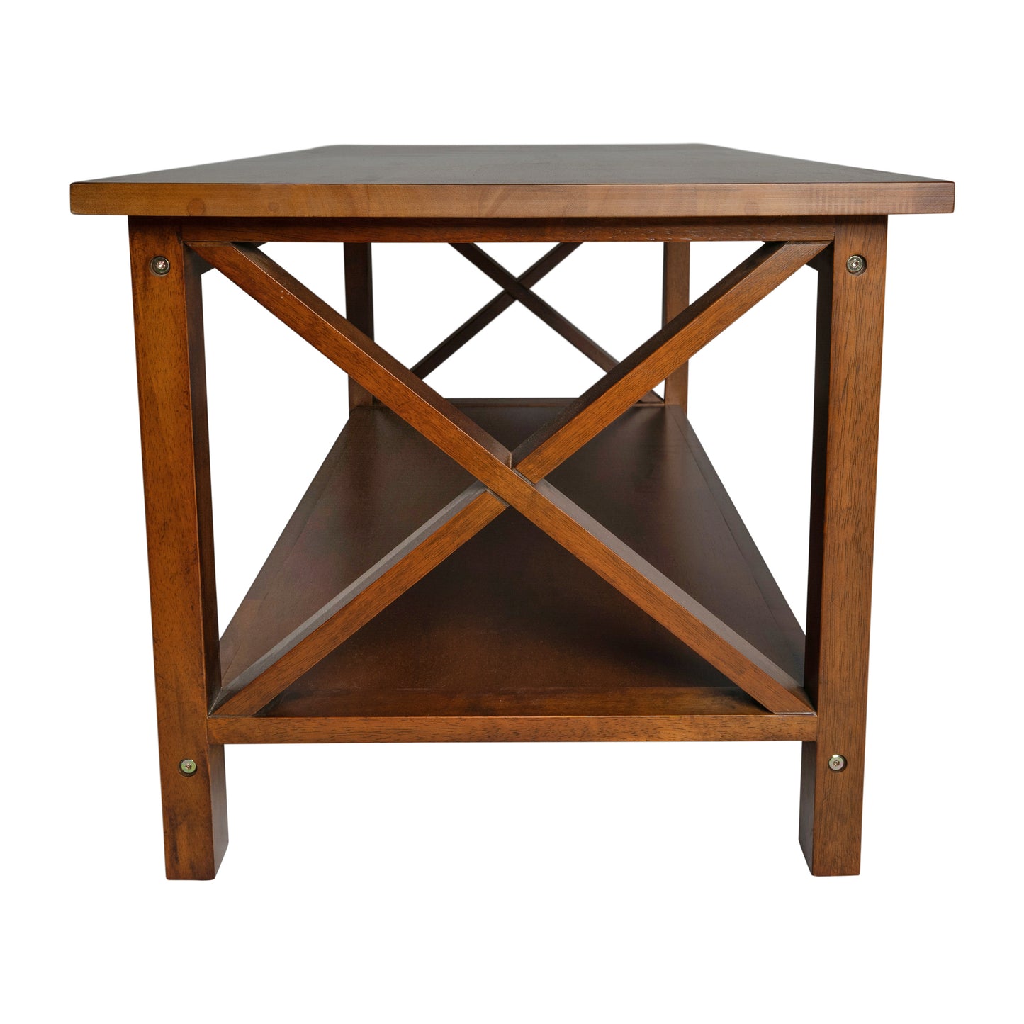 Jasper Farmhouse Style Solid Wood Coffee Table with Traditional X-Frame Design and Lower Shelf in Walnut Walnut