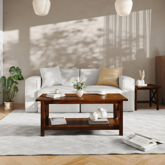 Jasper Farmhouse Style Solid Wood Coffee Table with Traditional X-Frame Design and Lower Shelf in Walnut Walnut
