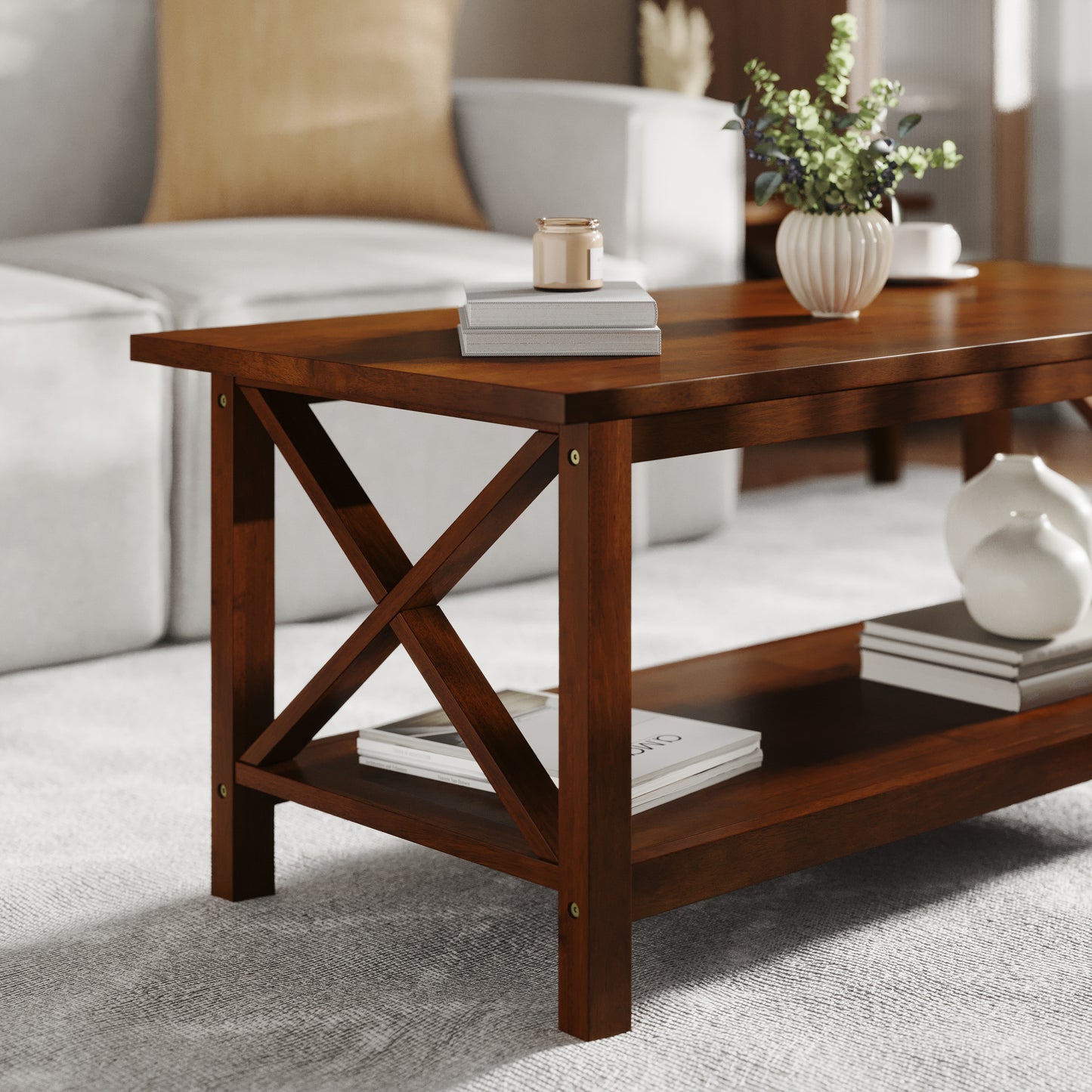 Jasper Farmhouse Style Solid Wood Coffee Table with Traditional X-Frame Design and Lower Shelf in Walnut Walnut