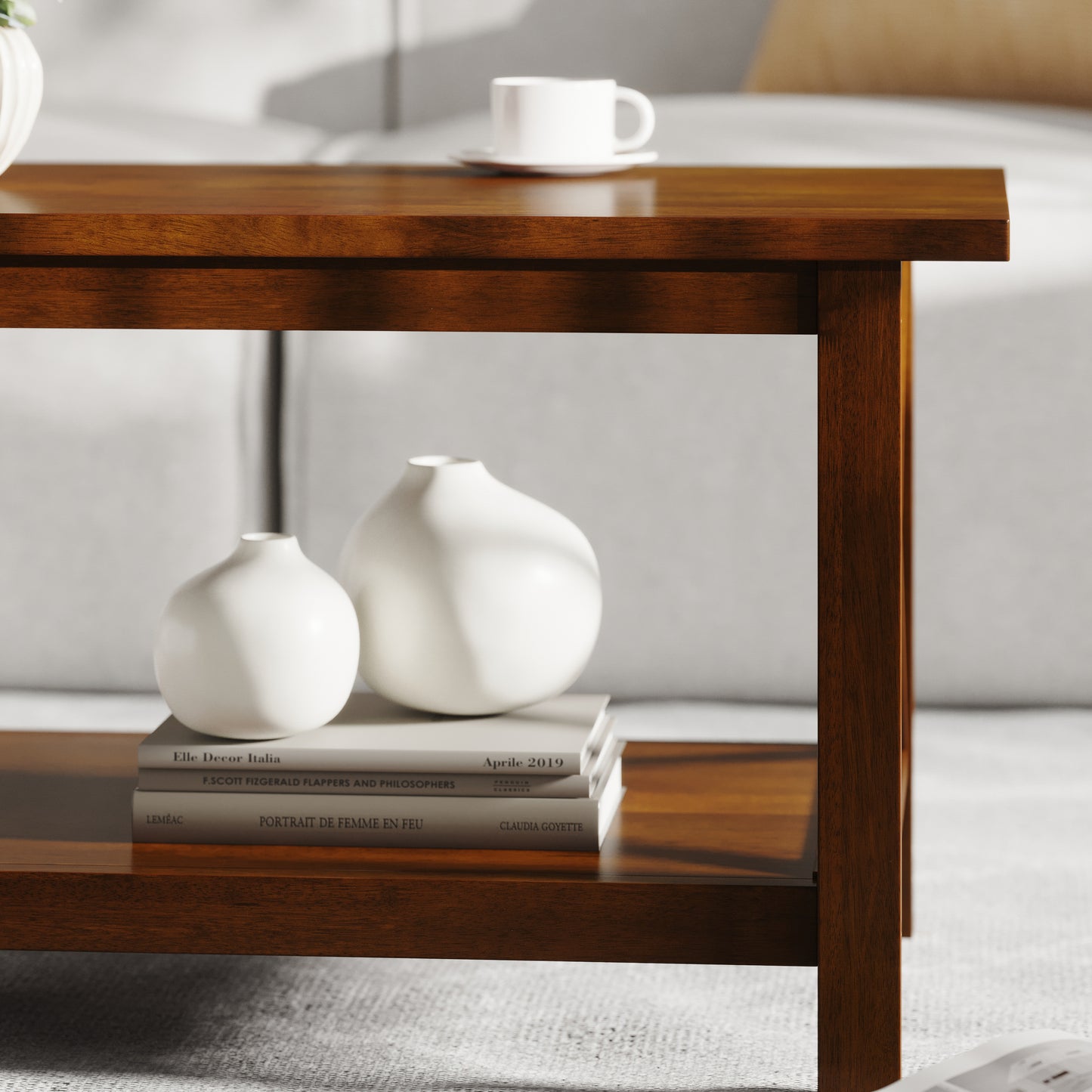 Jasper Farmhouse Style Solid Wood Coffee Table with Traditional X-Frame Design and Lower Shelf in Walnut Walnut