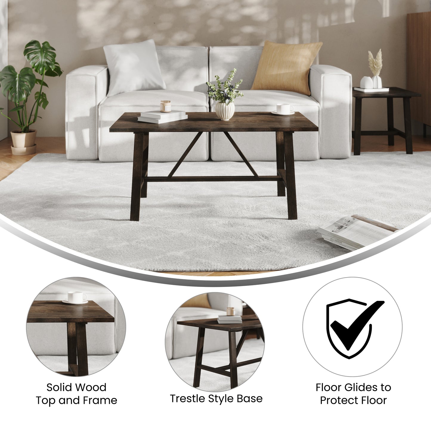 Eli Solid Wood Farmhouse Coffee Table, Trestle Style Accent Table in Dark Gray Dark Gray