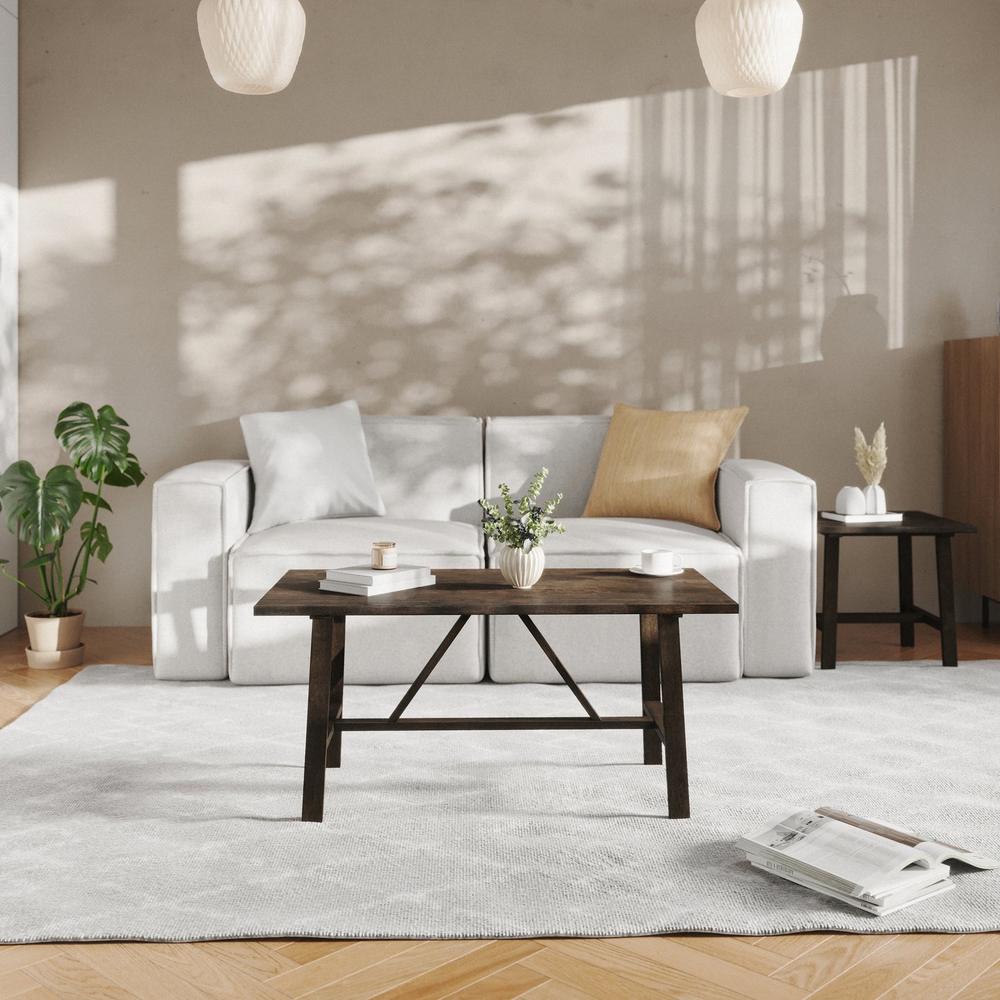 Eli Solid Wood Farmhouse Coffee Table, Trestle Style Accent Table in Dark Gray Dark Gray