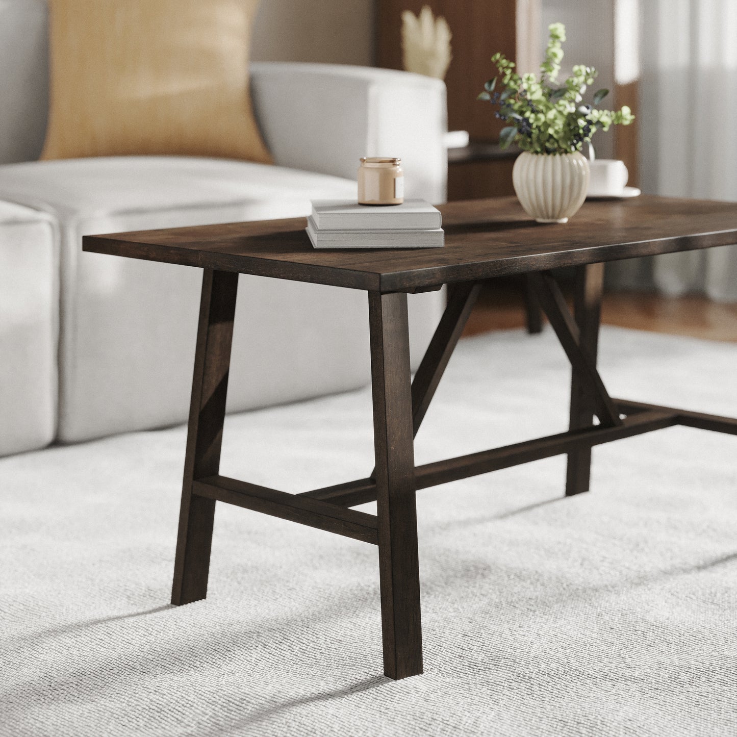 Eli Solid Wood Farmhouse Coffee Table, Trestle Style Accent Table in Dark Gray Dark Gray
