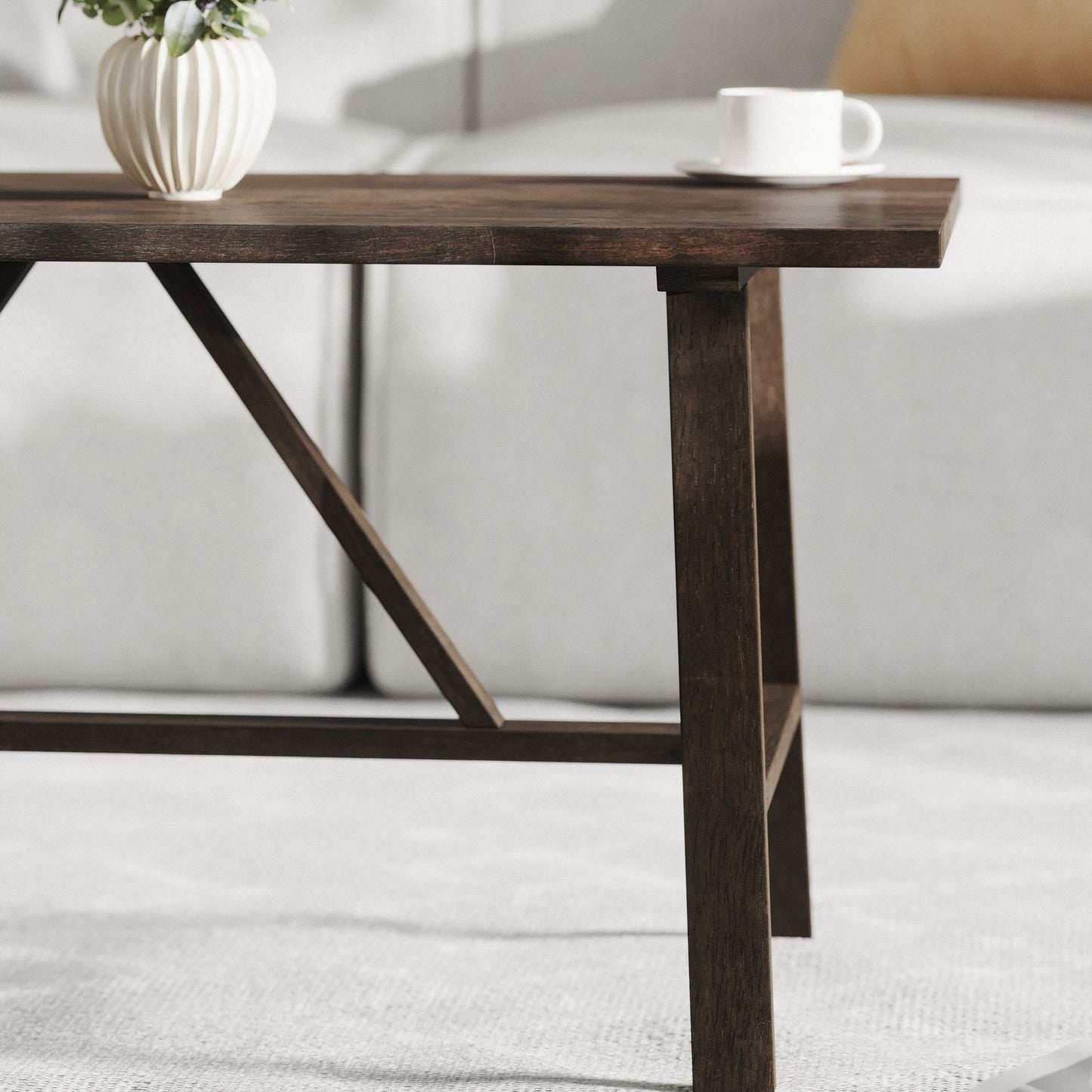 Eli Solid Wood Farmhouse Coffee Table, Trestle Style Accent Table in Dark Gray Dark Gray